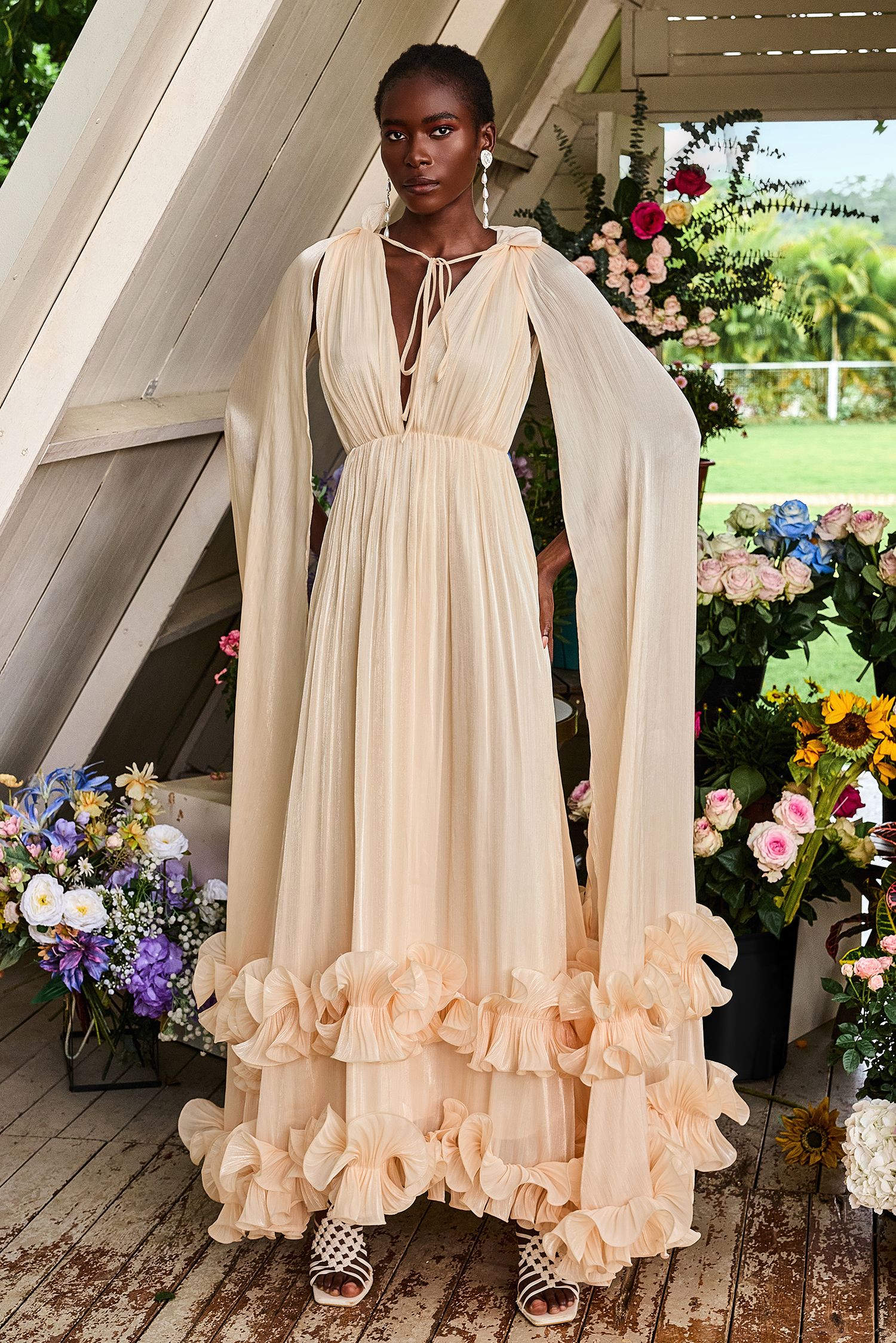 Satin Deep V-Neck Cape Sleeve Midi Dress