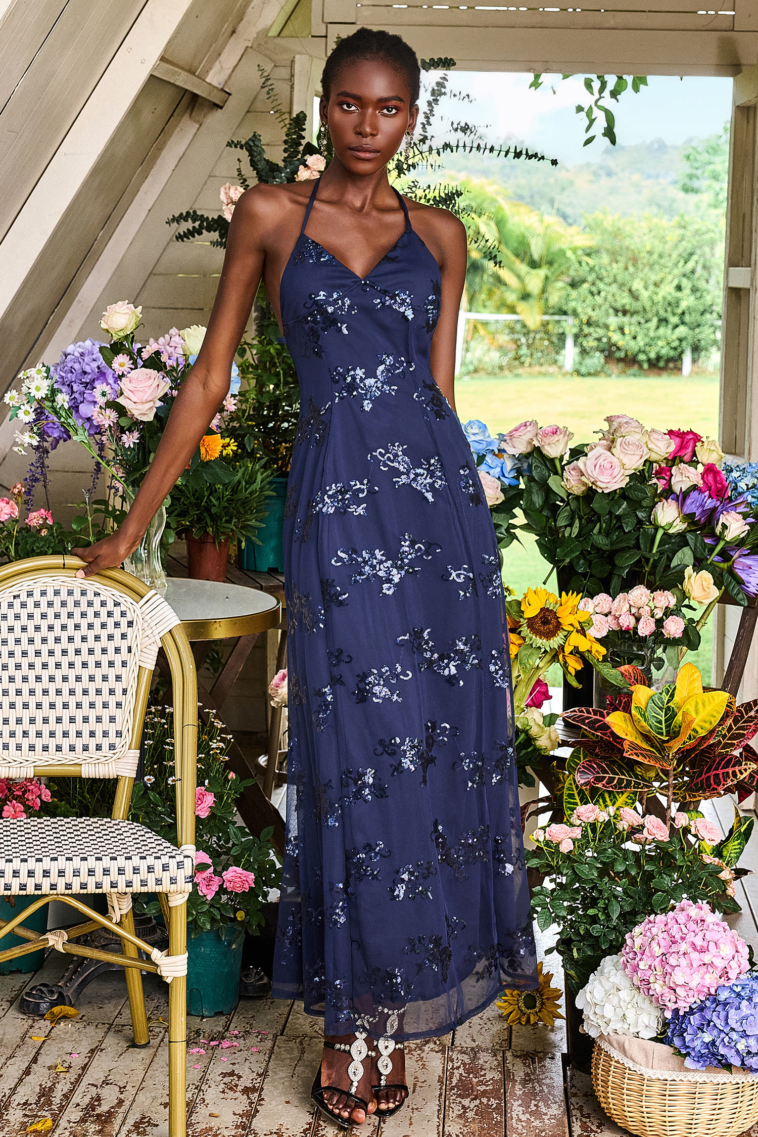 Sequin V-Neck Backless Maxi Dress