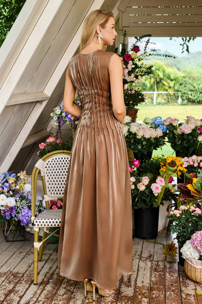 Toothpick Pleat Round Neck Sleeveless Midi Dress