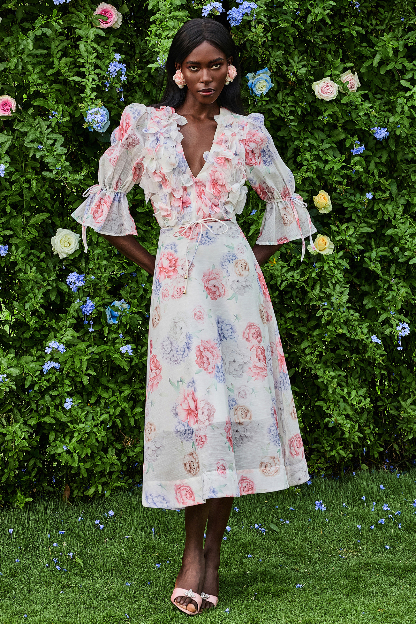 3D Flower Floral Lantern Sleeve Midi Dress