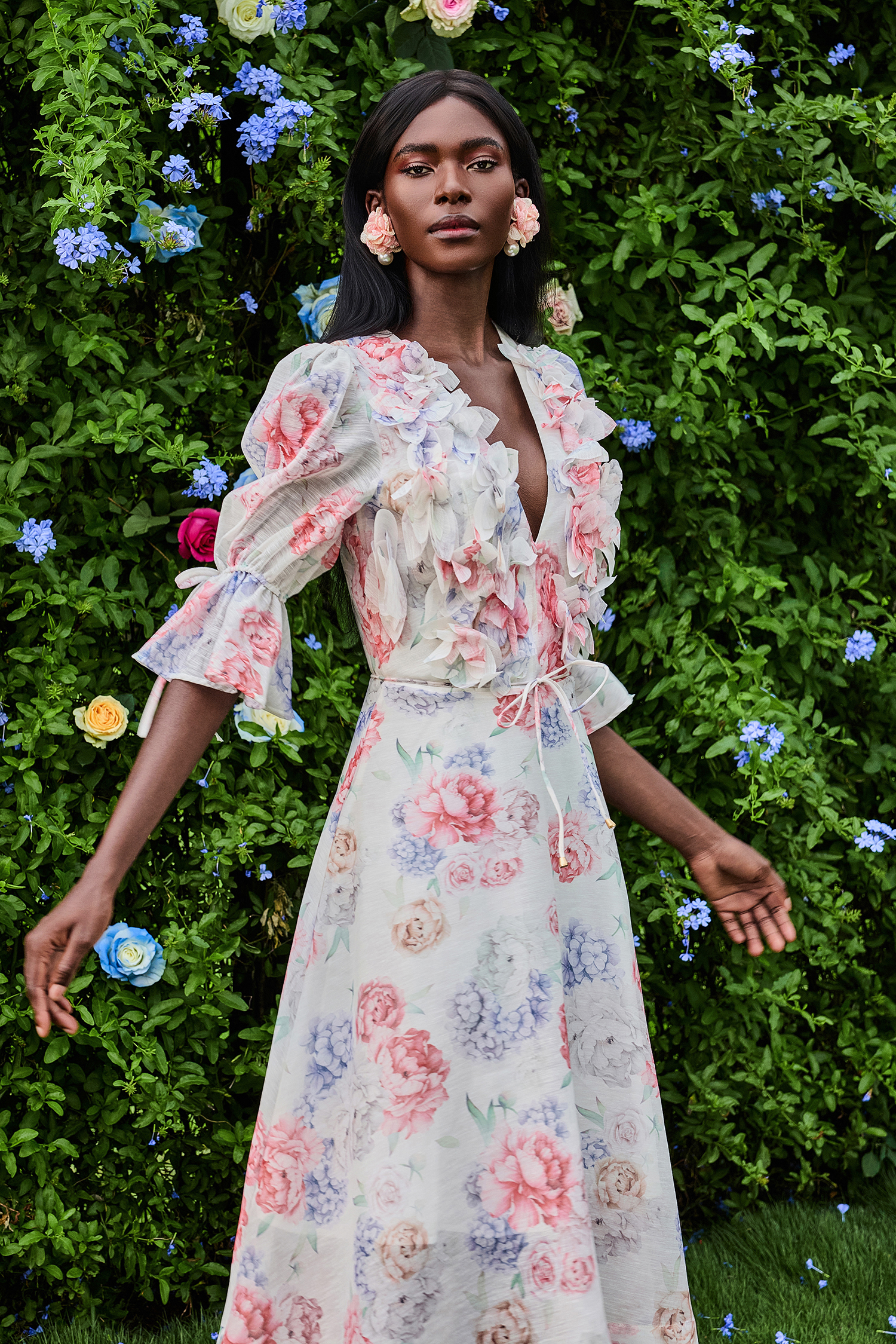 3D Flower Floral Lantern Sleeve Midi Dress