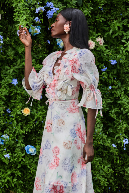 3D Flower Floral Lantern Sleeve Midi Dress