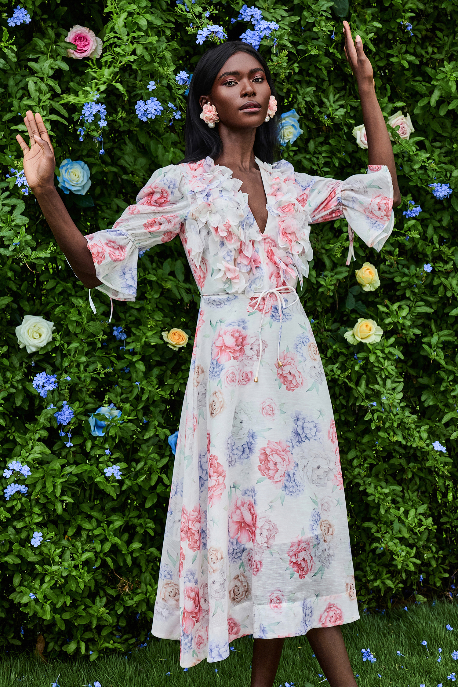 3D Flower Floral Lantern Sleeve Midi Dress