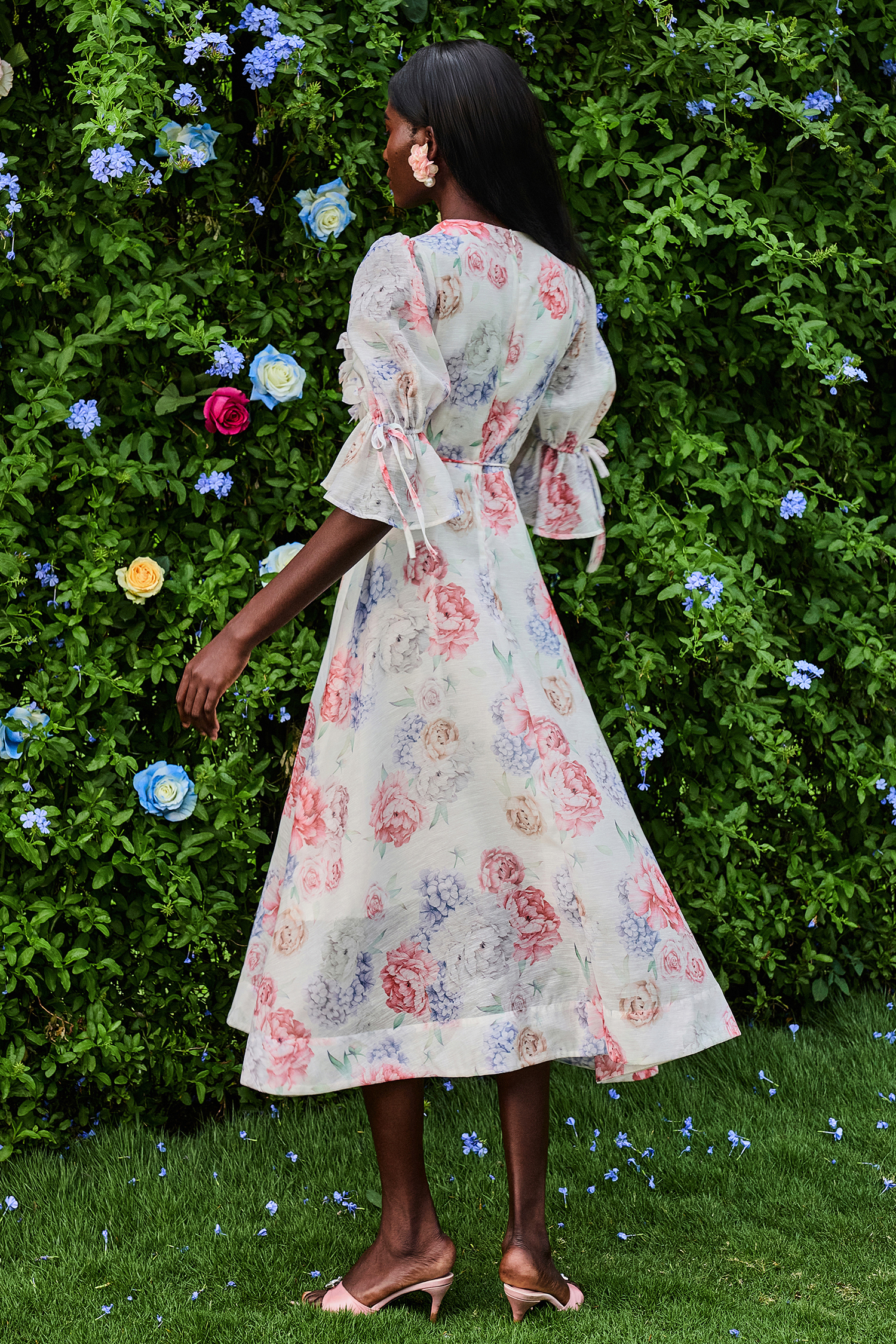 3D Flower Floral Lantern Sleeve Midi Dress