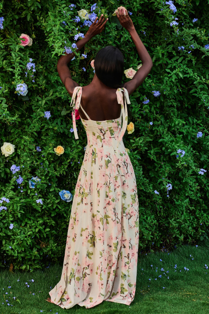 Floral Ruched Sweetheart Neck Maxi Dress