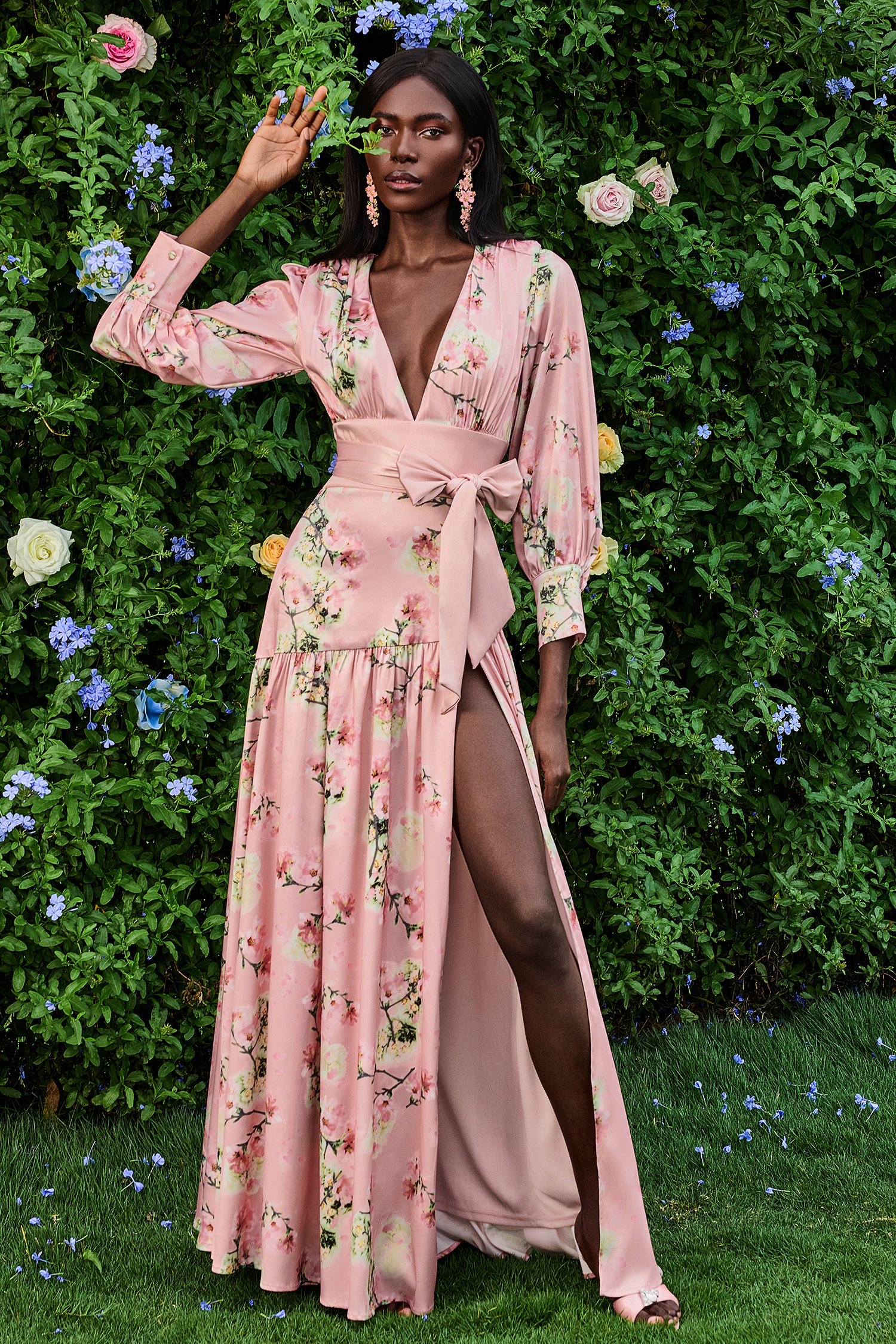 Satin V-Neck Floral Lantern Sleeve Maxi Dress