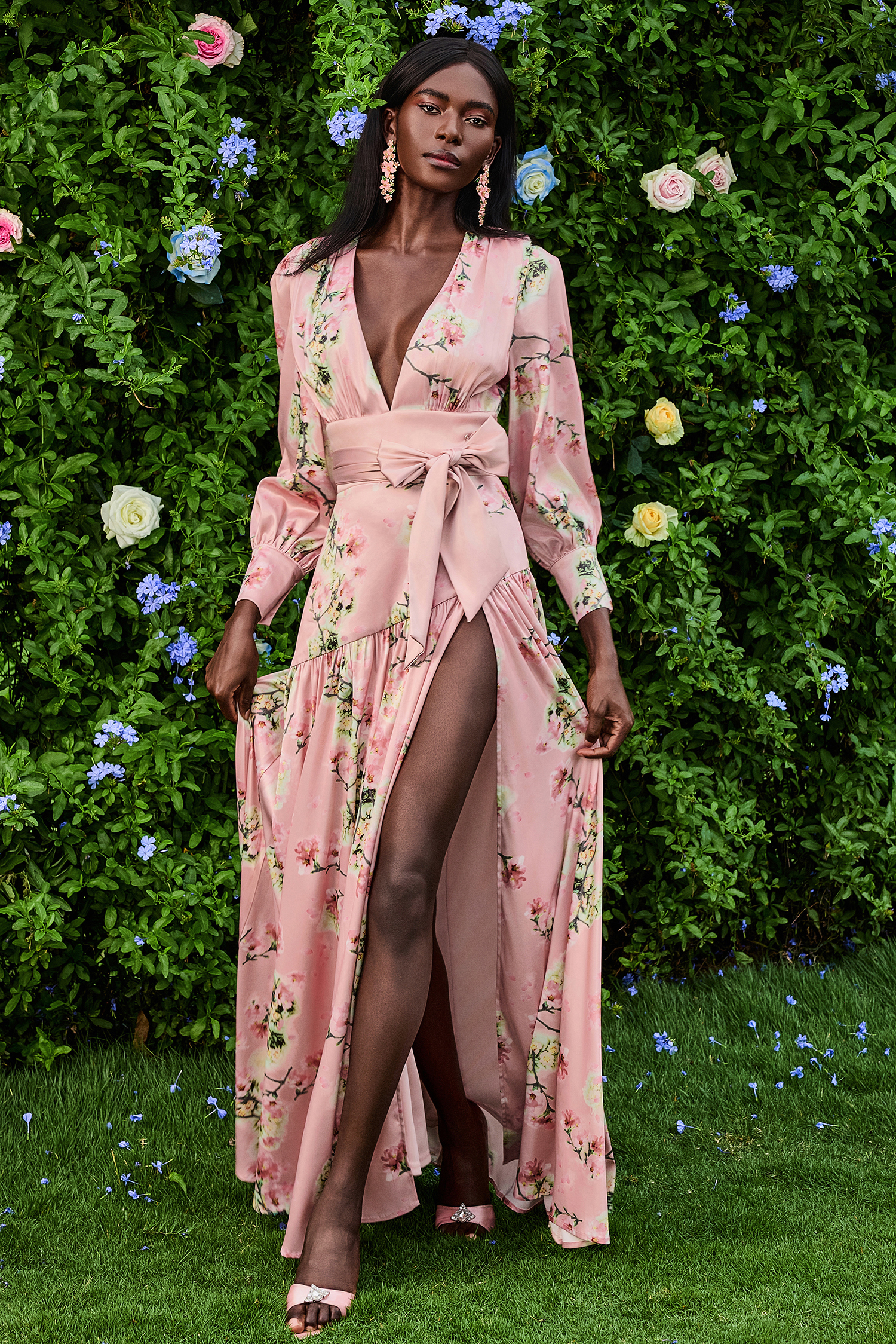 Satin V-Neck Floral Lantern Sleeve Maxi Dress