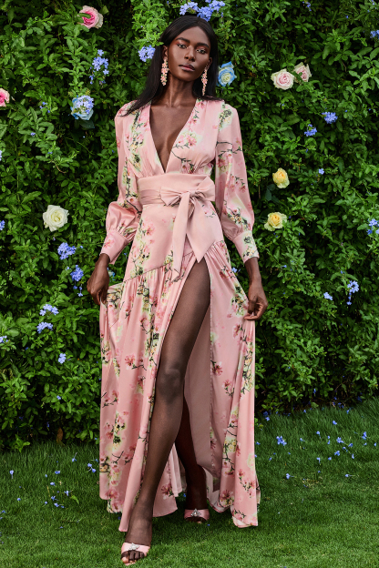 Satin V-Neck Floral Lantern Sleeve Maxi Dress