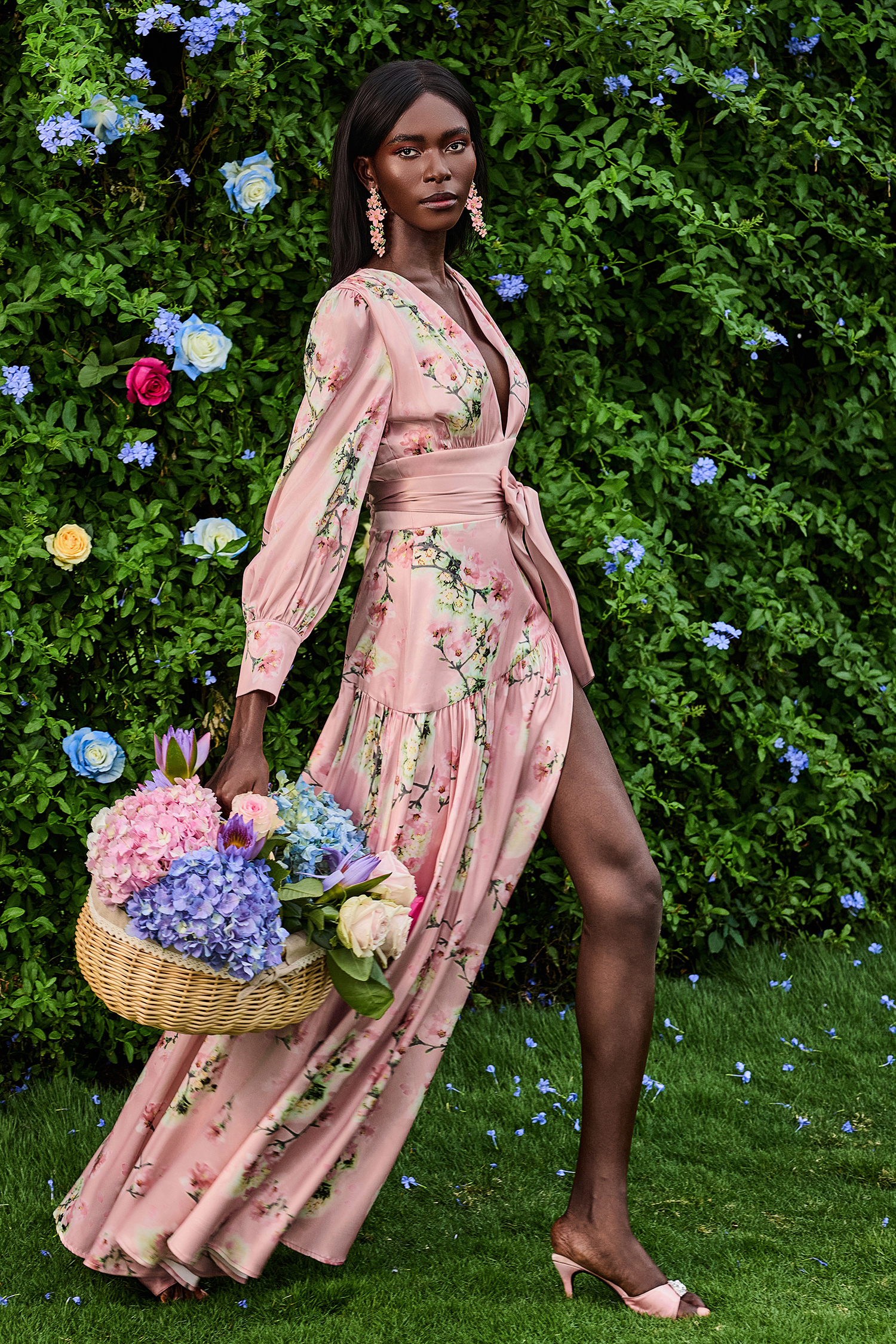 Satin V-Neck Floral Lantern Sleeve Maxi Dress