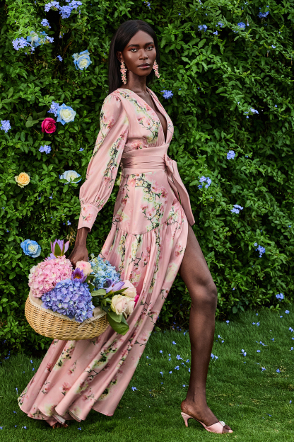Satin V-Neck Floral Lantern Sleeve Maxi Dress