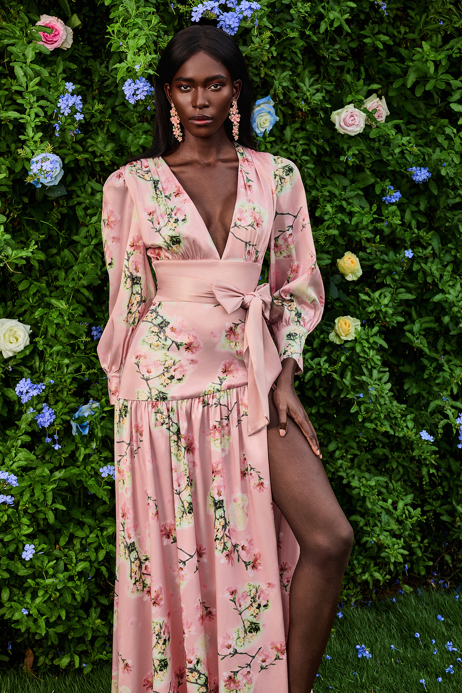 Satin V-Neck Floral Lantern Sleeve Maxi Dress