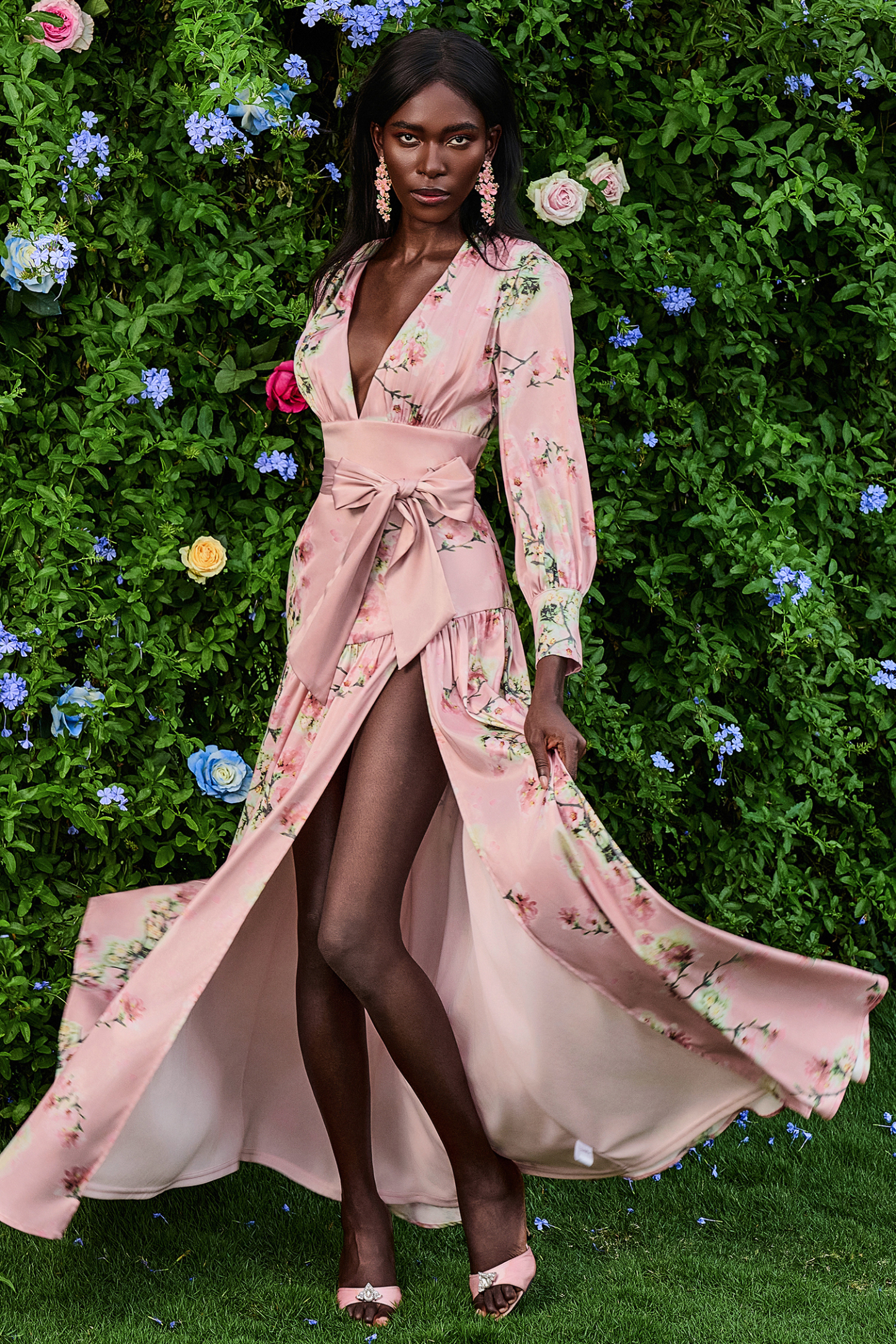 Satin V-Neck Floral Lantern Sleeve Maxi Dress