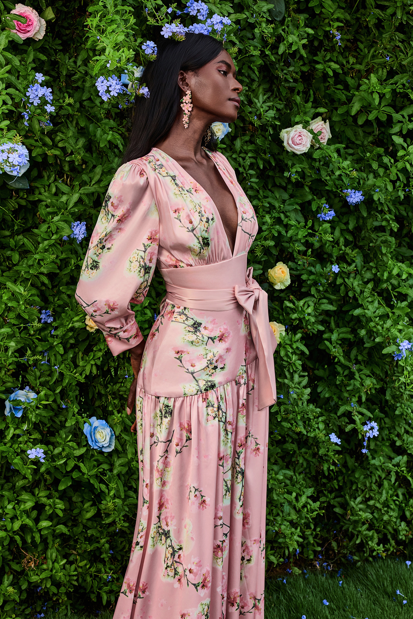 Satin V-Neck Floral Lantern Sleeve Maxi Dress