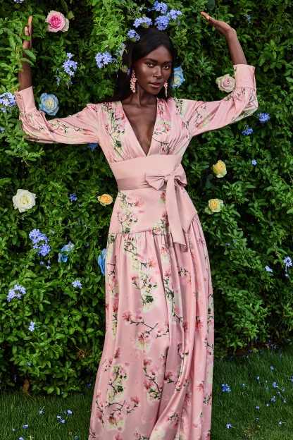 Satin V-Neck Floral Lantern Sleeve Maxi Dress