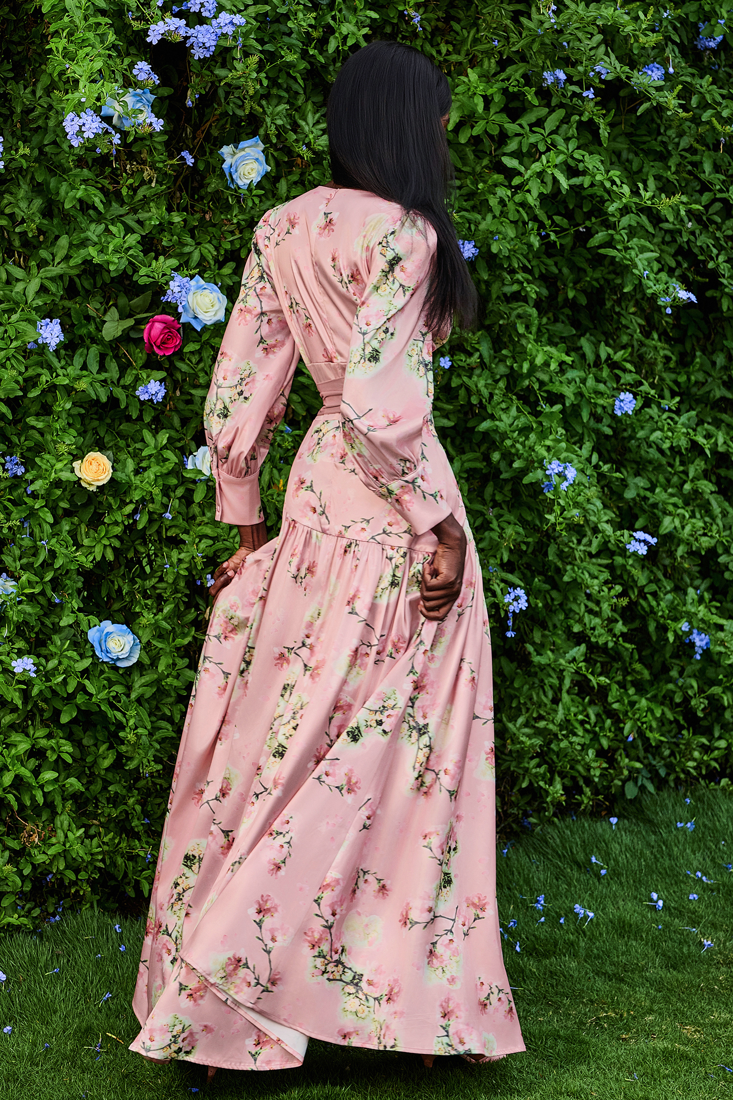Satin V-Neck Floral Lantern Sleeve Maxi Dress