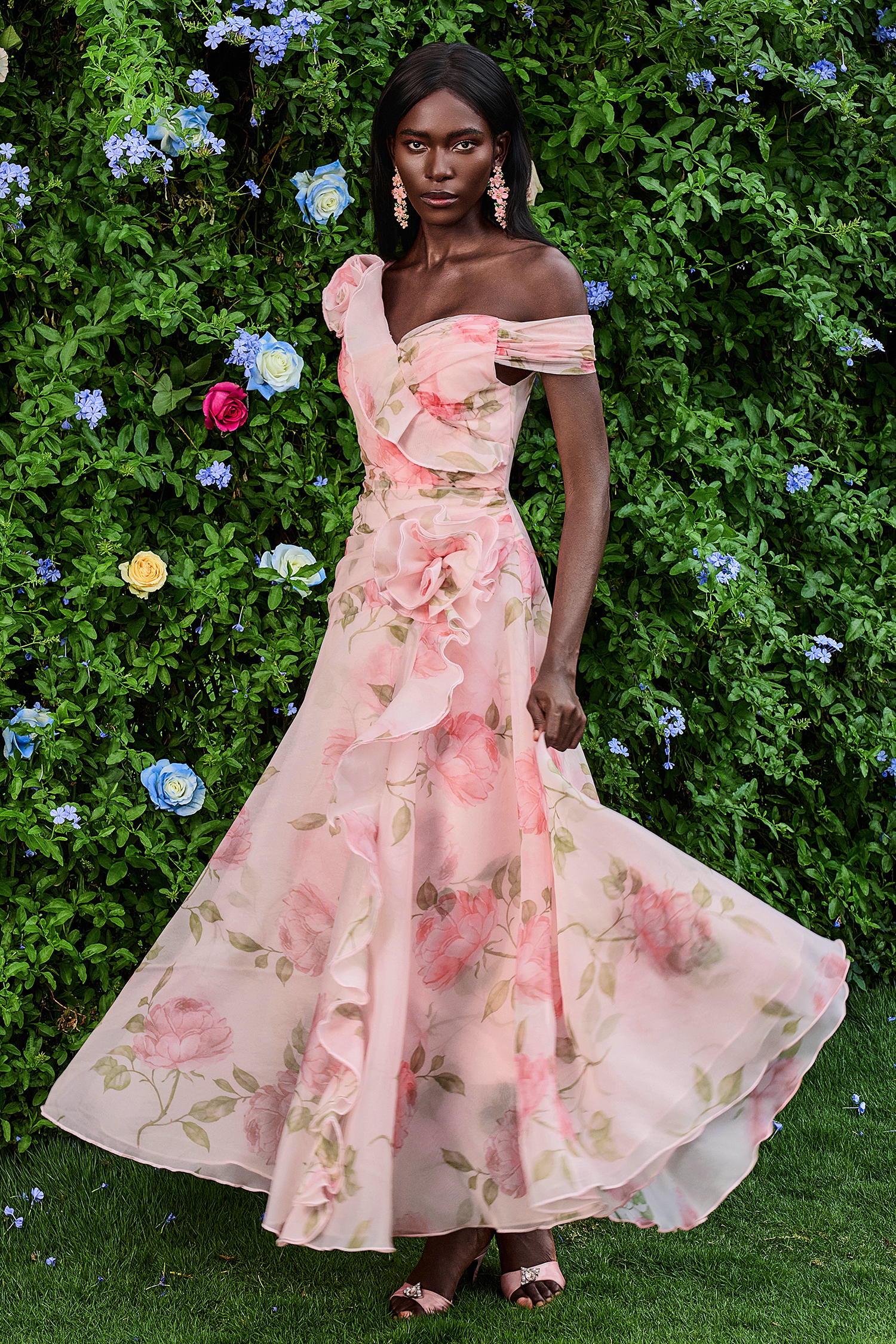 3D Flower Frill Chiffon Maxi Dress