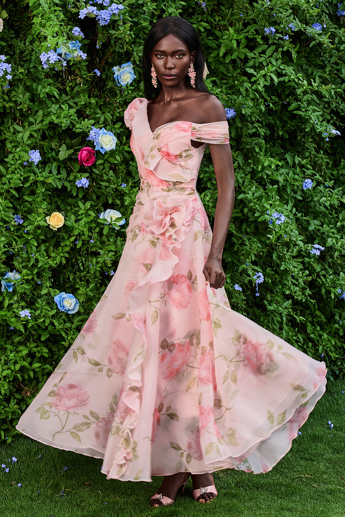 3D Flower Frill Chiffon Maxi Dress