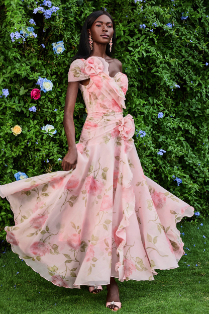 3D Flower Frill Chiffon Maxi Dress