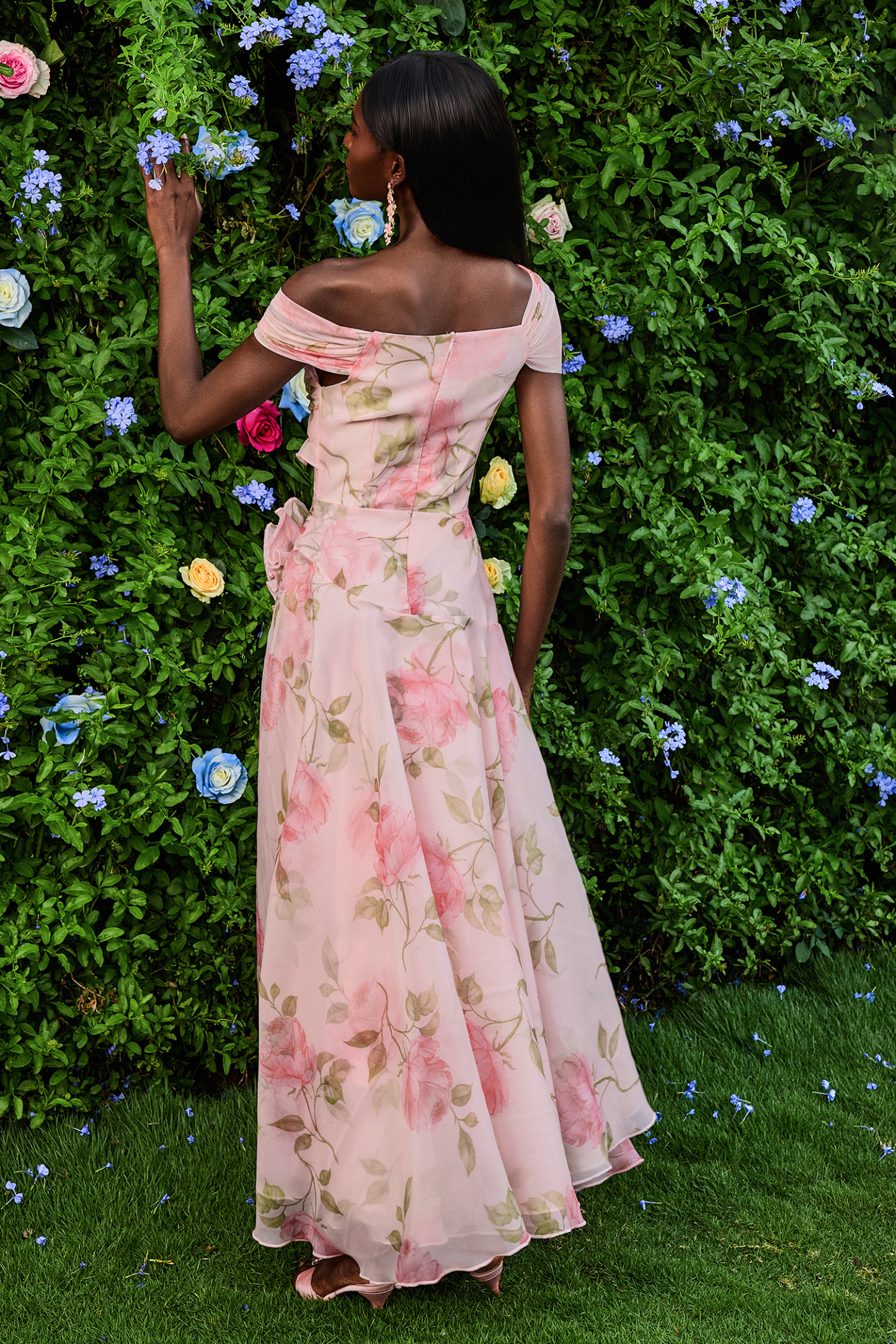 3D Flower Frill Chiffon Maxi Dress