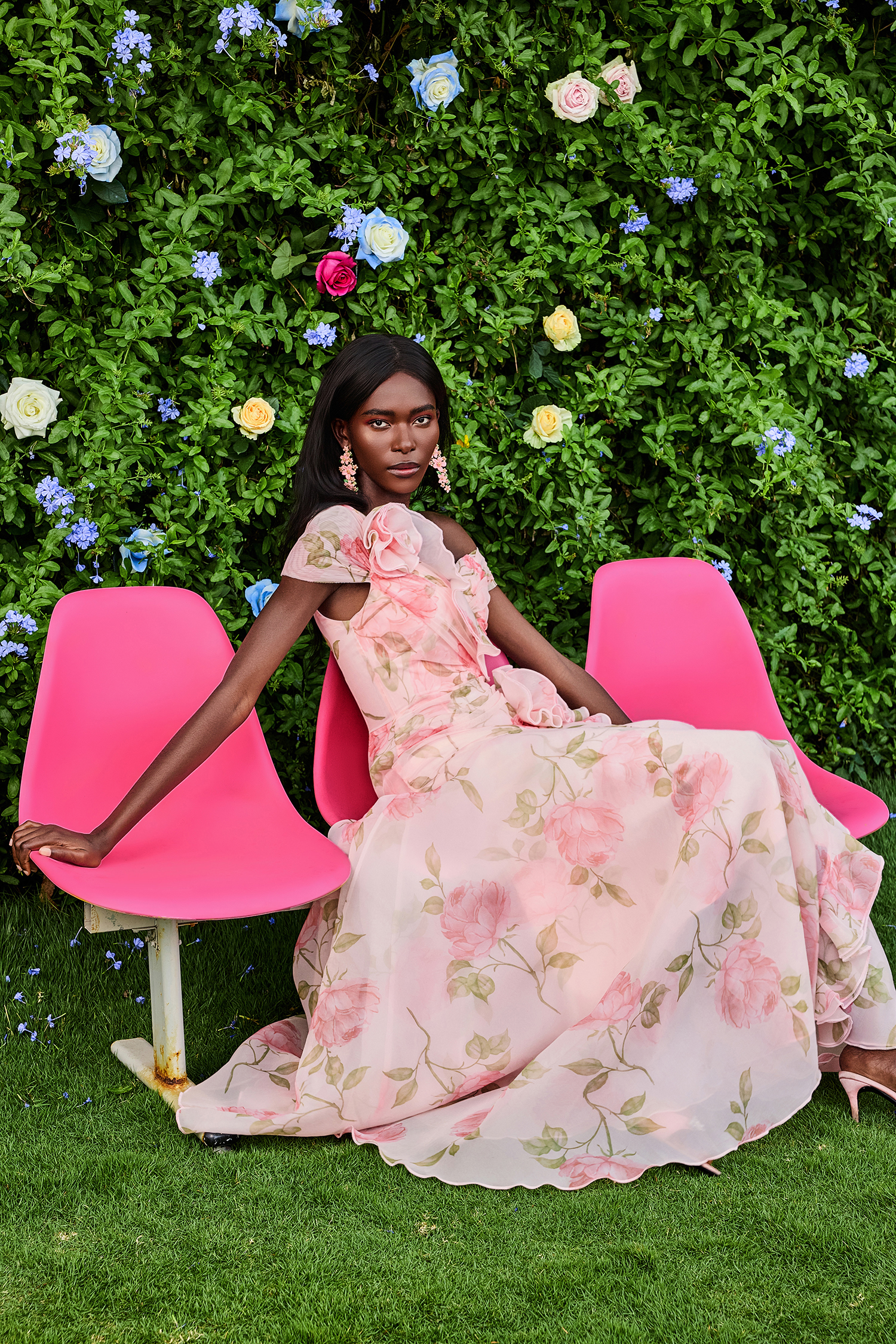 3D Flower Frill Chiffon Maxi Dress