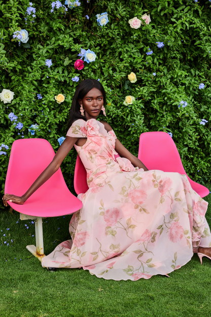 3D Flower Frill Chiffon Maxi Dress