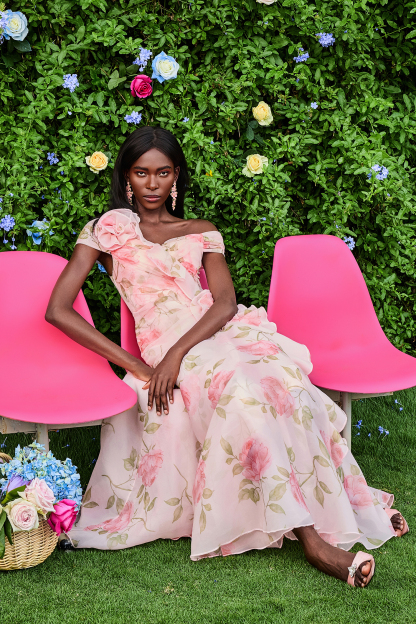 3D Flower Frill Chiffon Maxi Dress