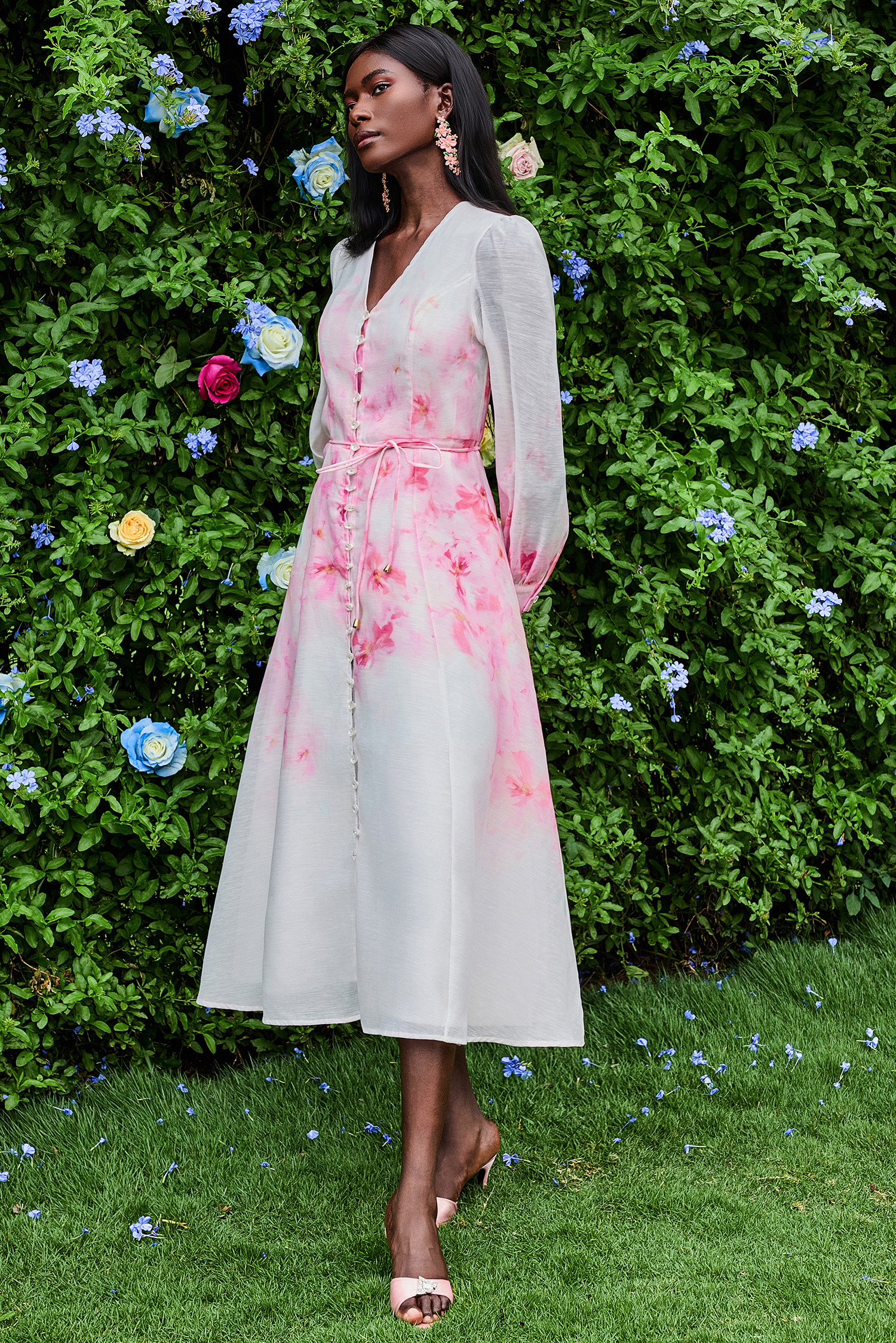 Floral Single Breasted Lantern Sleeve Midi Dress