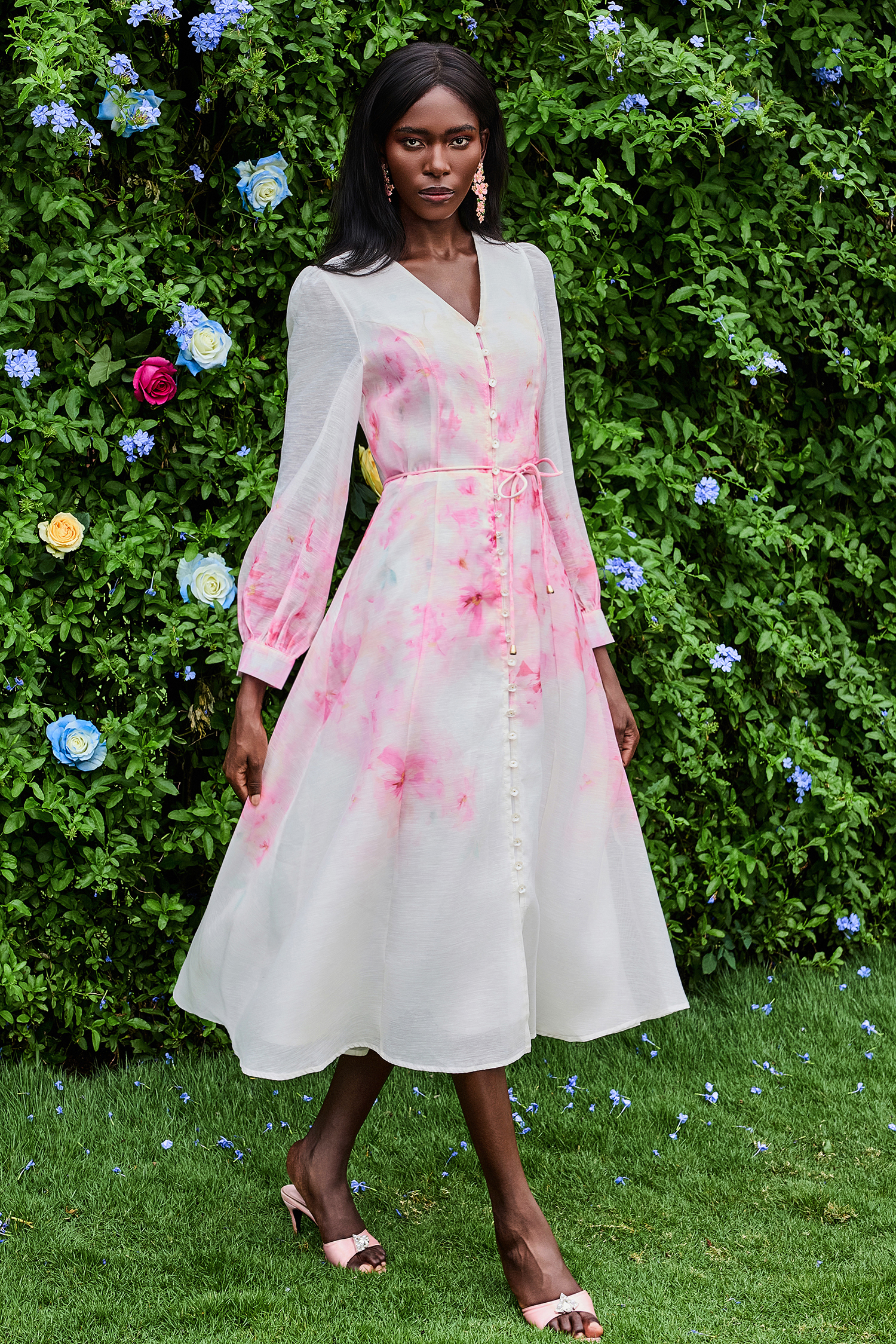 Floral Single Breasted Lantern Sleeve Midi Dress