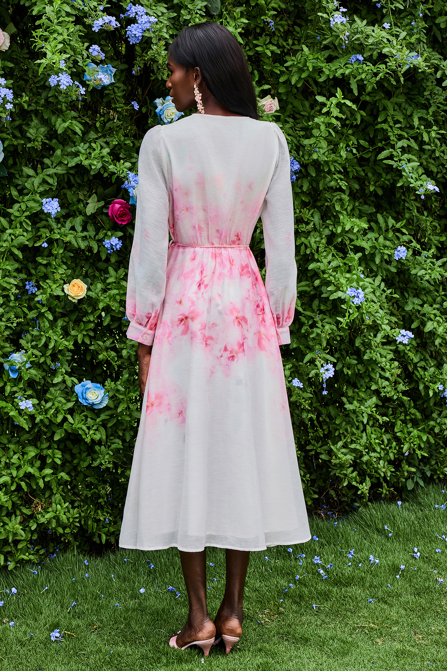 Floral Single Breasted Lantern Sleeve Midi Dress