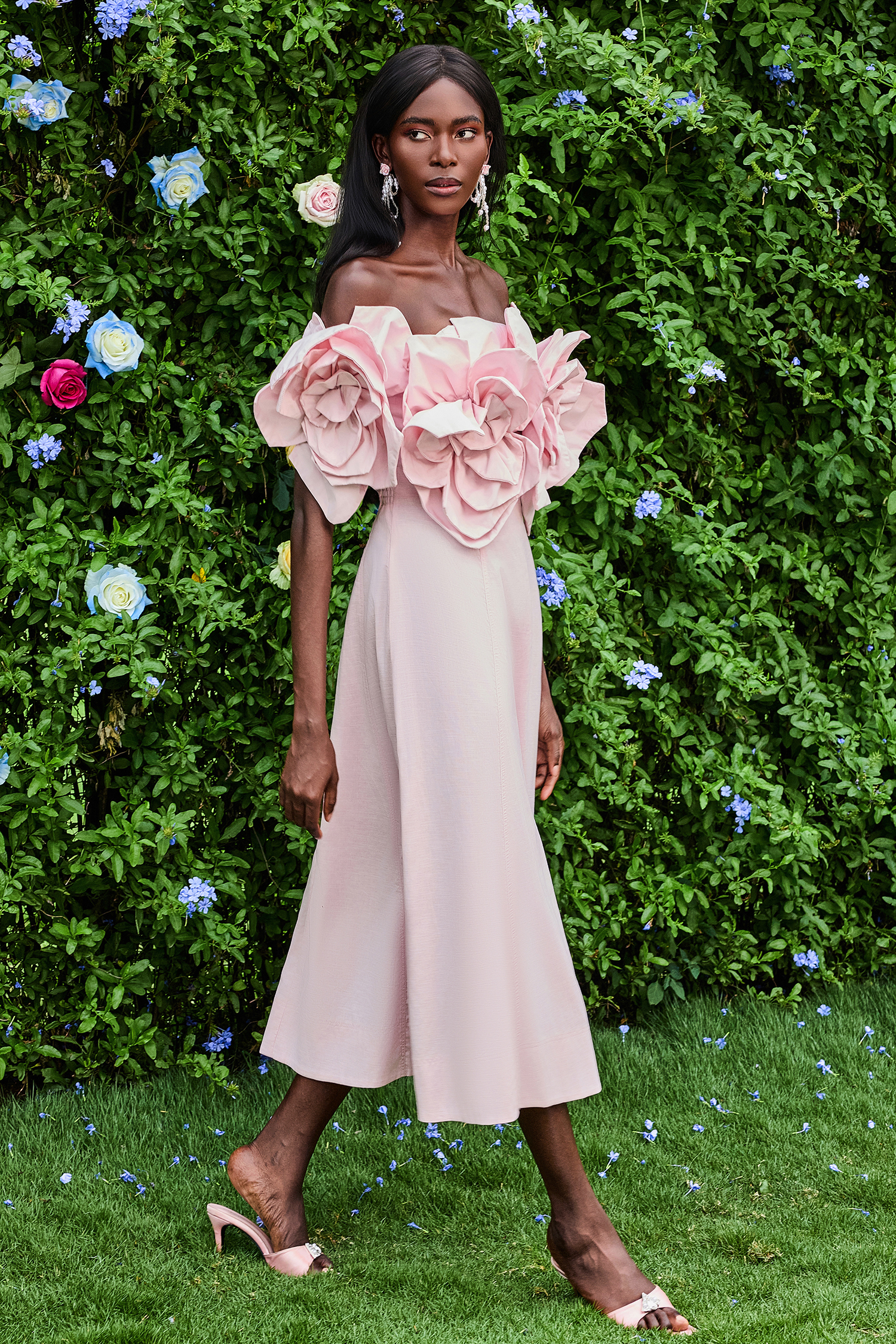 3D Flower Solid Off-Shoulder Midi Dress