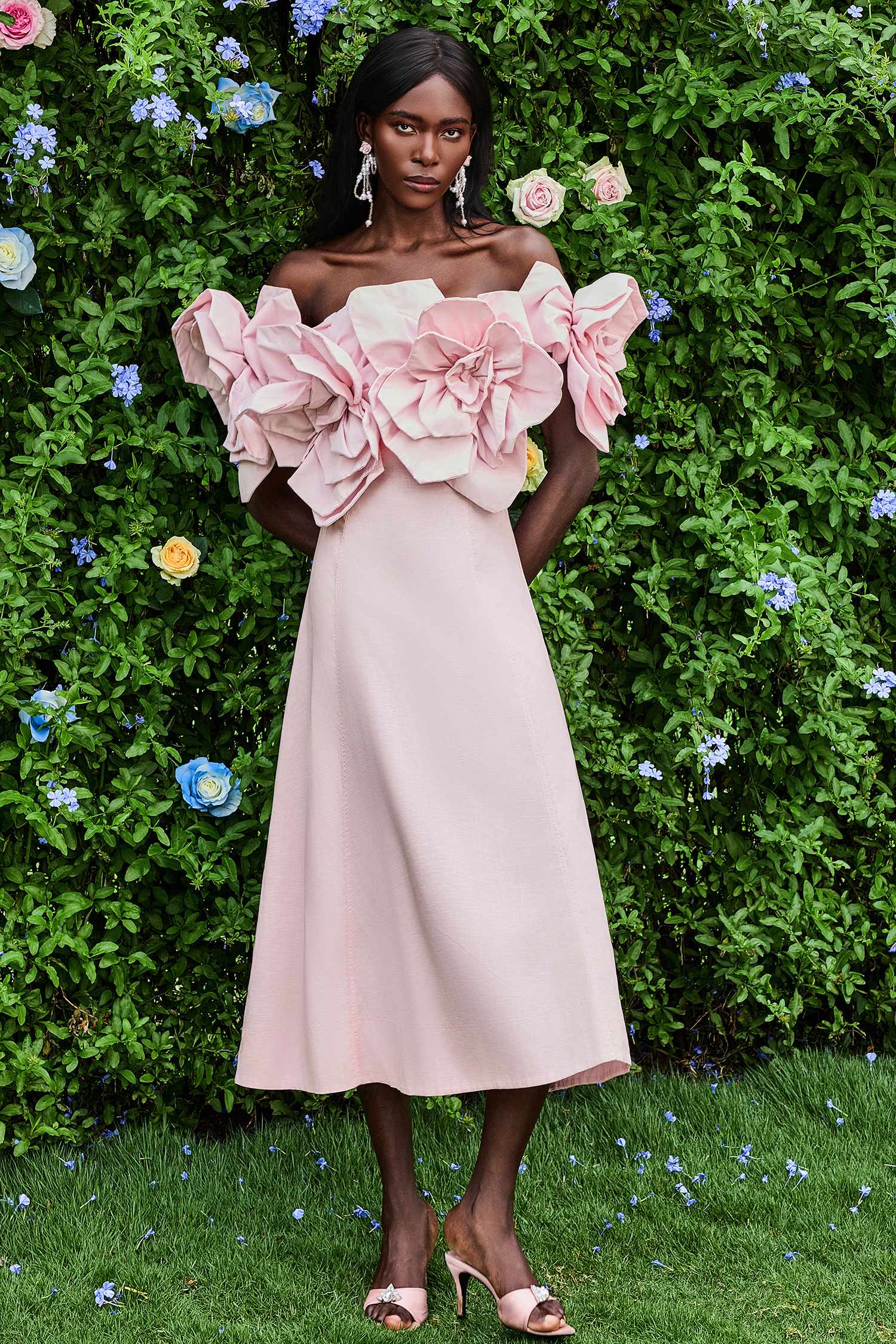 3D Flower Solid Off-Shoulder Midi Dress