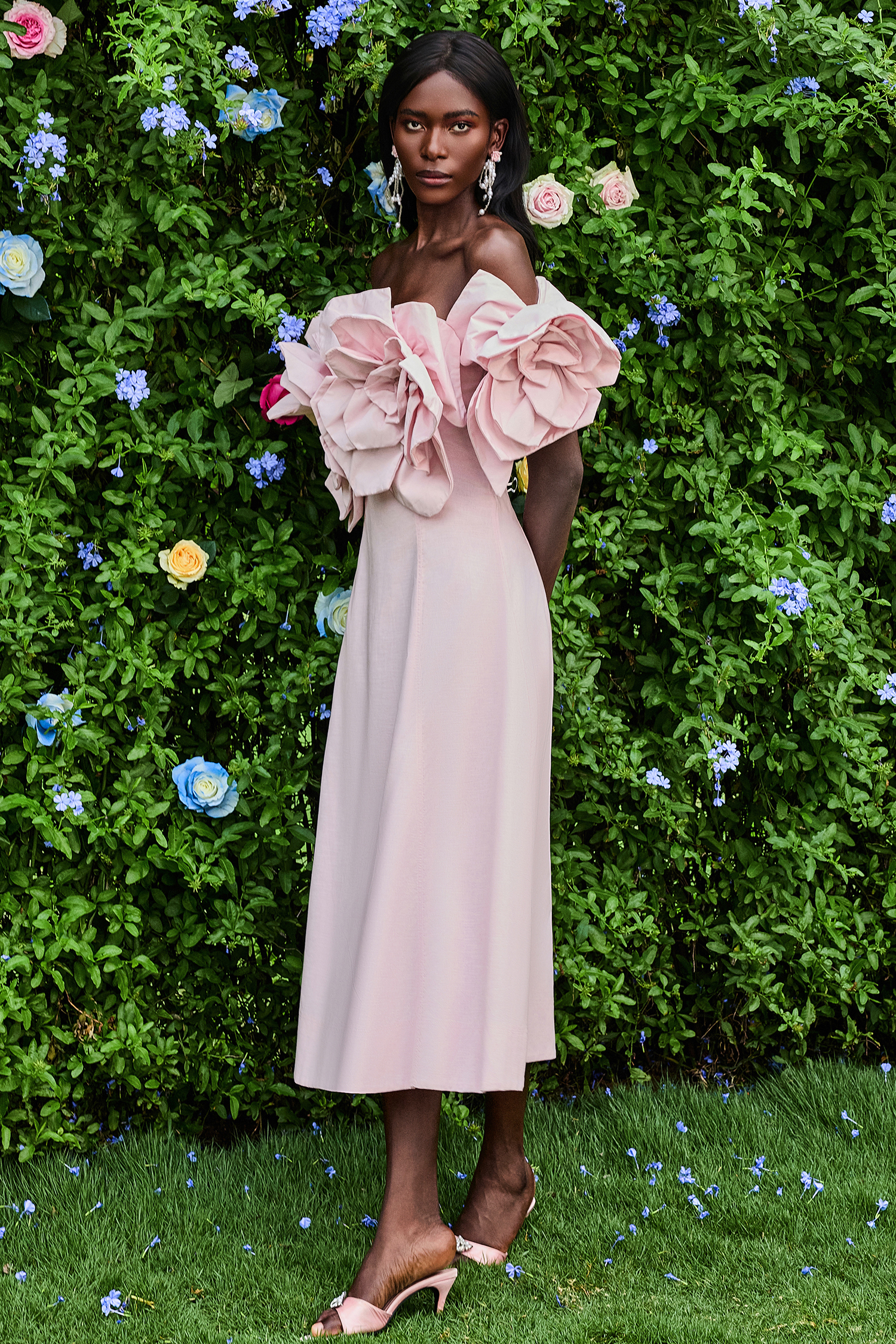 3D Flower Solid Off-Shoulder Midi Dress