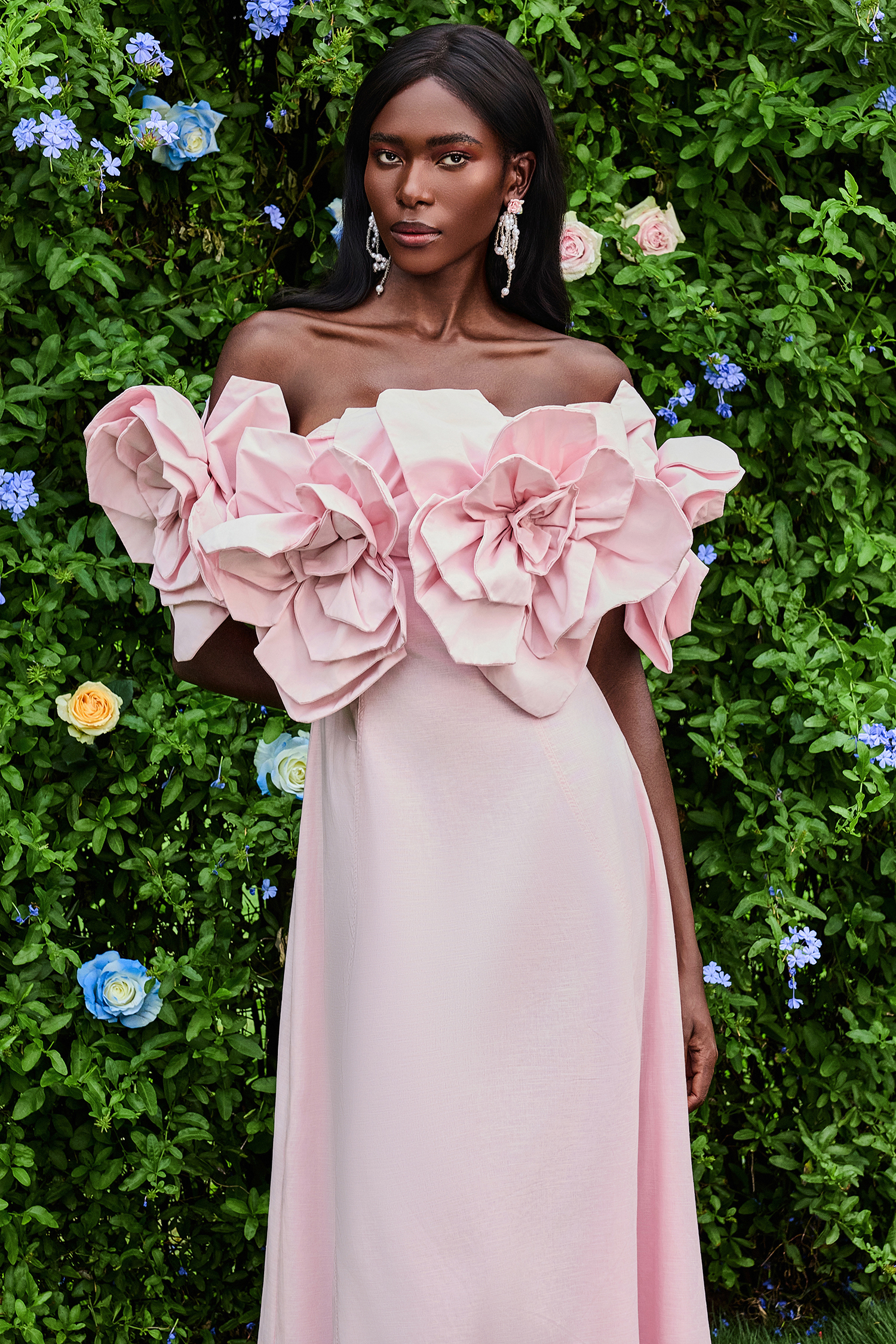 3D Flower Solid Off-Shoulder Midi Dress