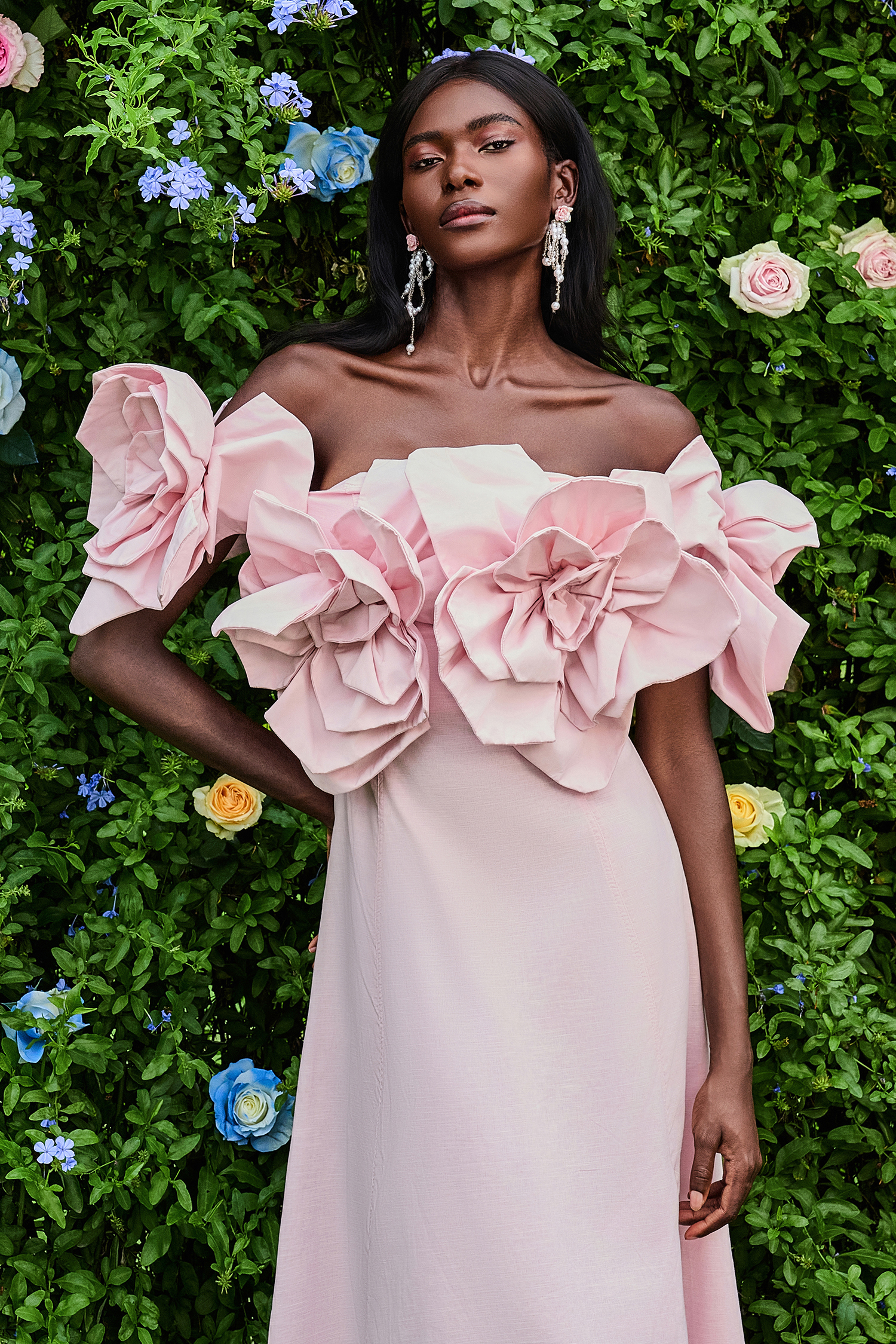 3D Flower Solid Off-Shoulder Midi Dress