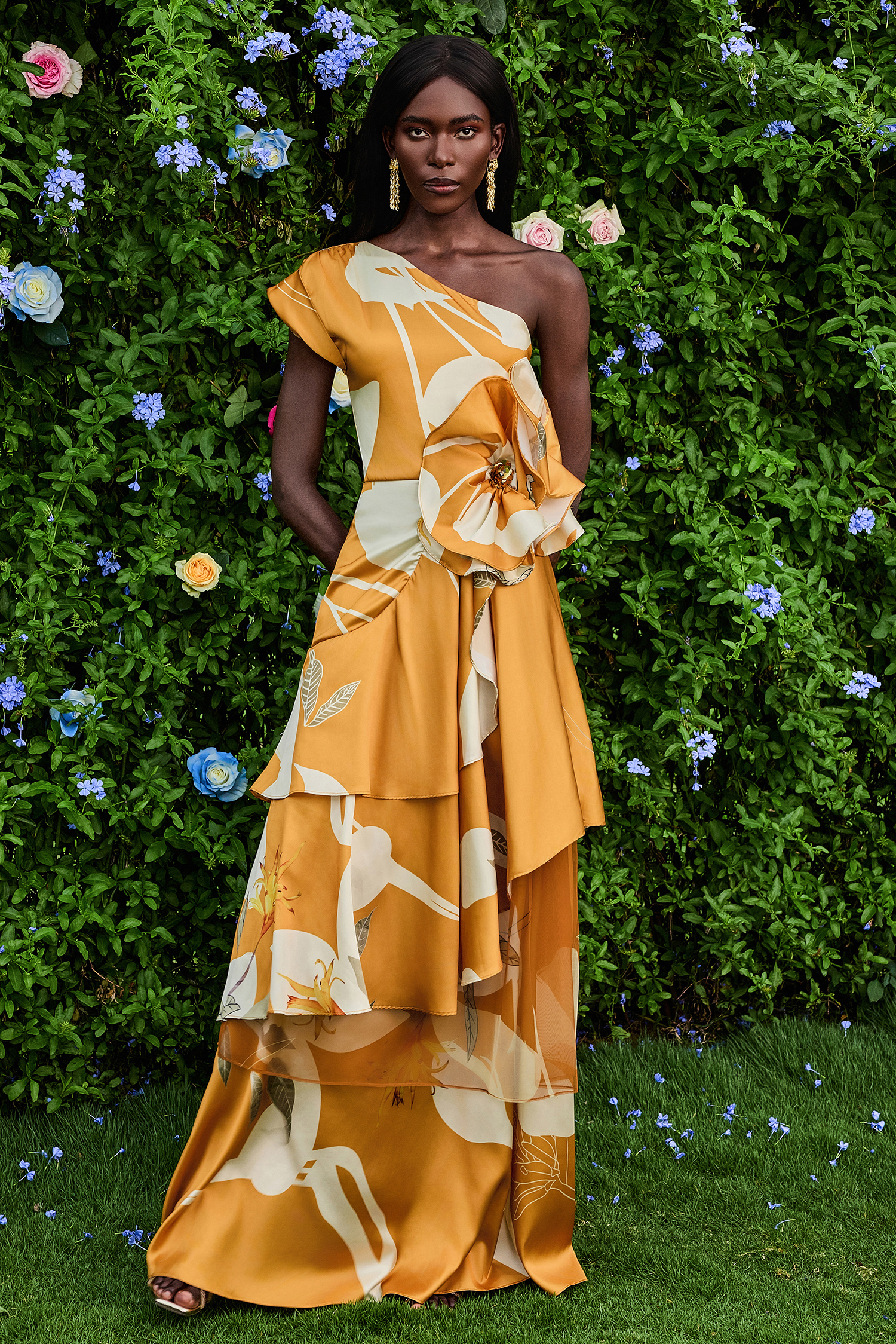 3D Floral One-Shoulder Ruffle Maxi Dress