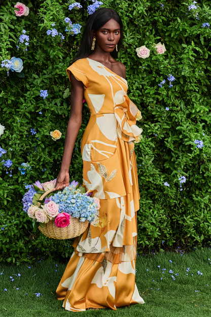 3D Floral One-Shoulder Ruffle Maxi Dress