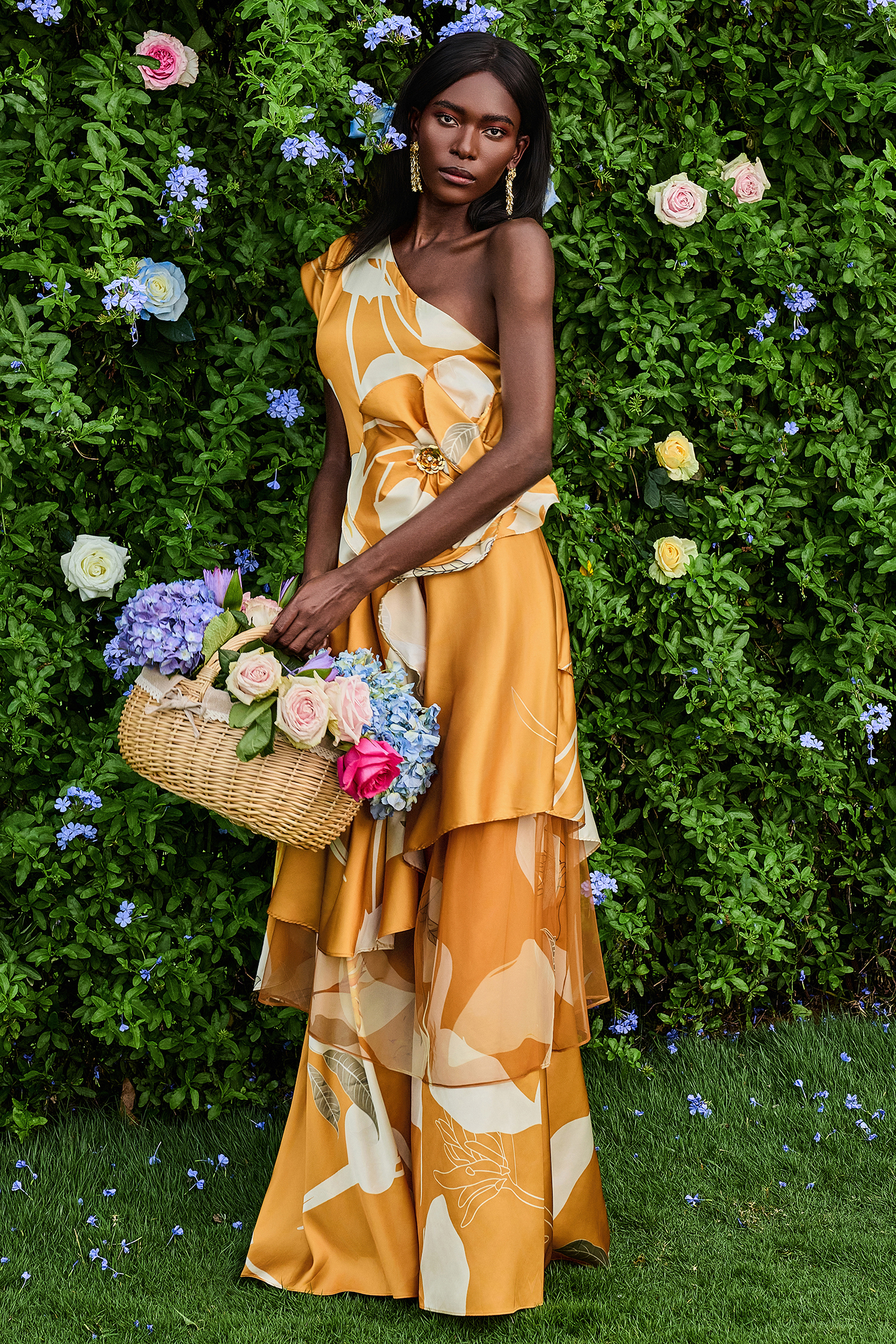 3D Floral One-Shoulder Ruffle Maxi Dress