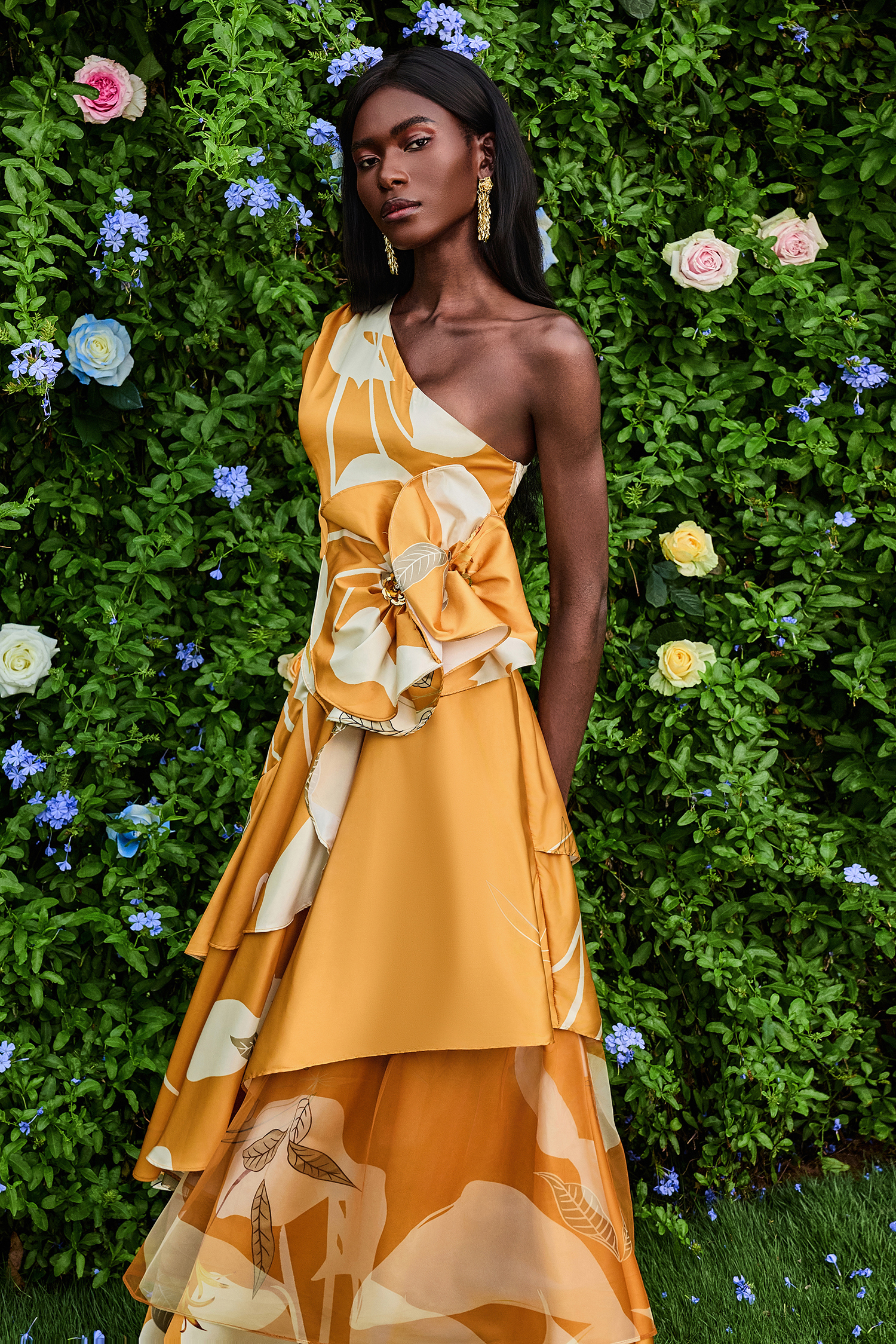 3D Floral One-Shoulder Ruffle Maxi Dress