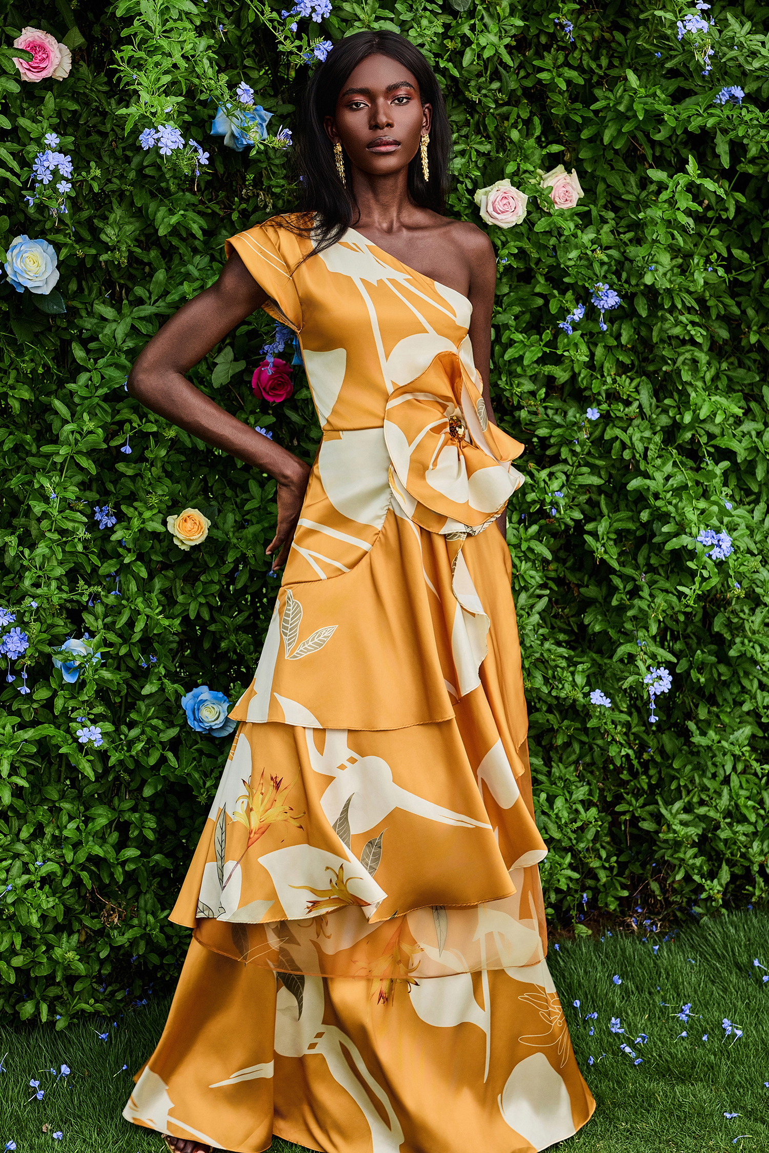 3D Floral One-Shoulder Ruffle Maxi Dress