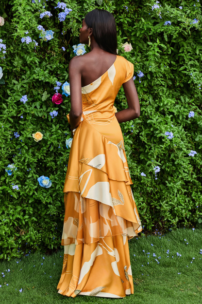 3D Floral One-Shoulder Ruffle Maxi Dress