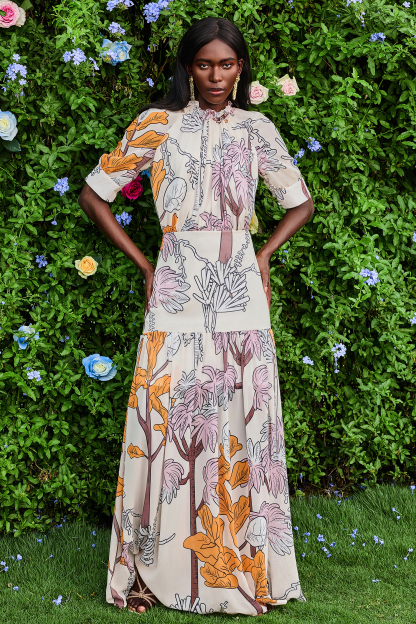 Chiffon Botanical Print Frill Maxi Dress