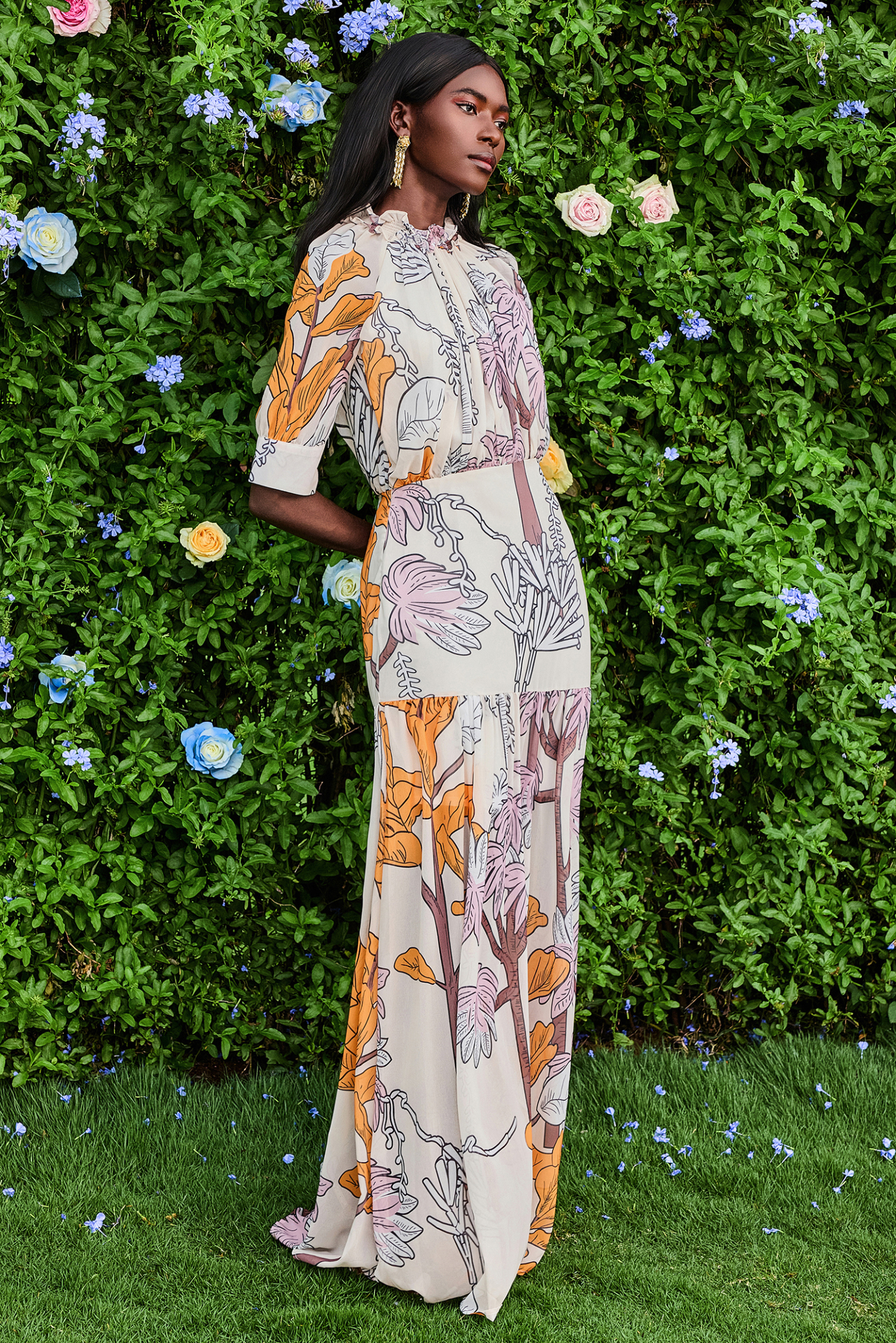 Chiffon Botanical Print Frill Maxi Dress