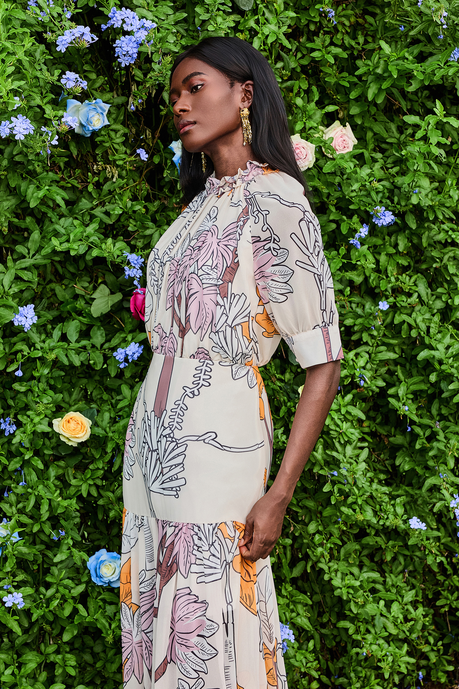 Chiffon Botanical Print Frill Maxi Dress