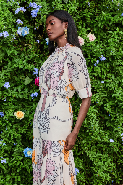 Chiffon Botanical Print Frill Maxi Dress