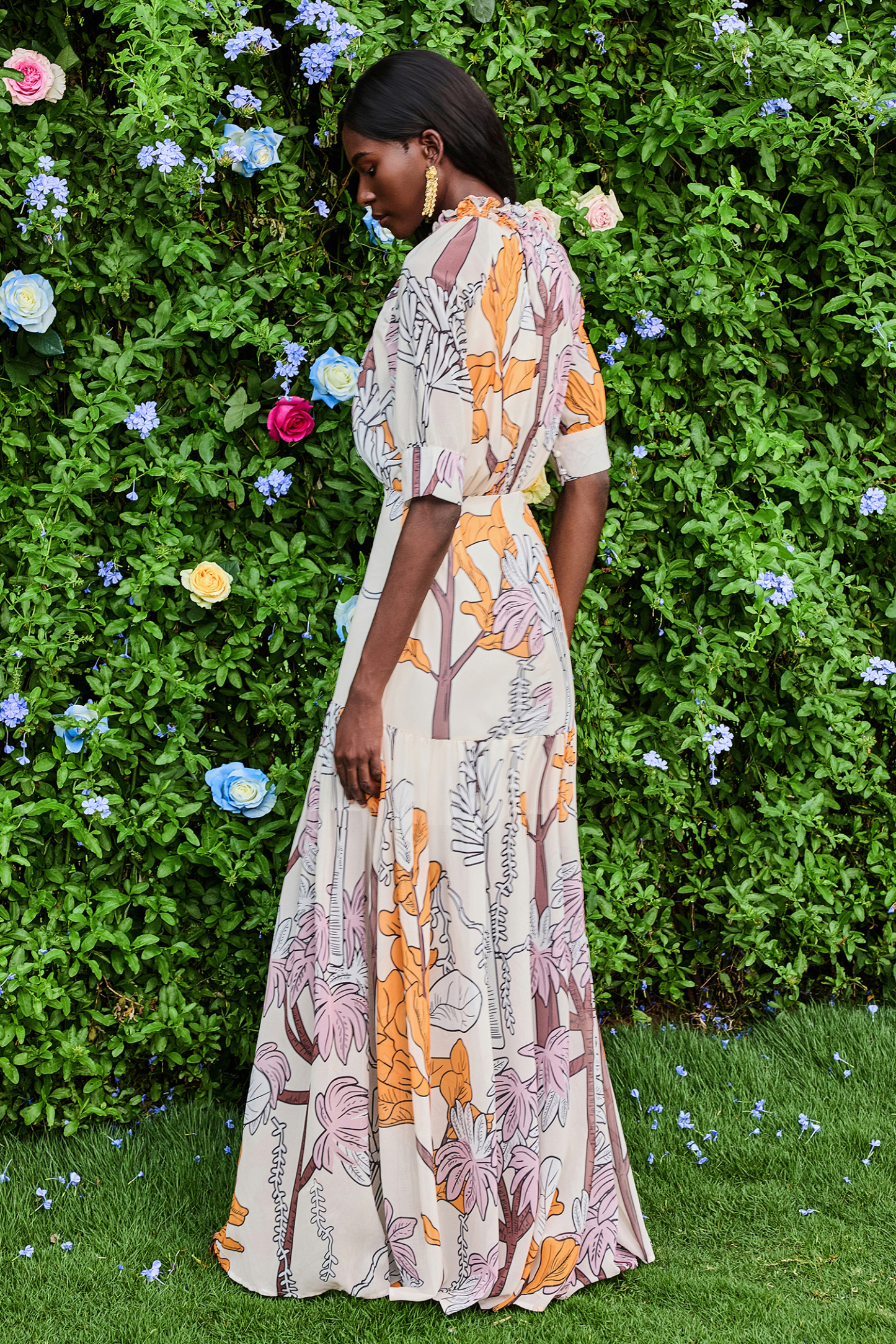 Chiffon Botanical Print Frill Maxi Dress