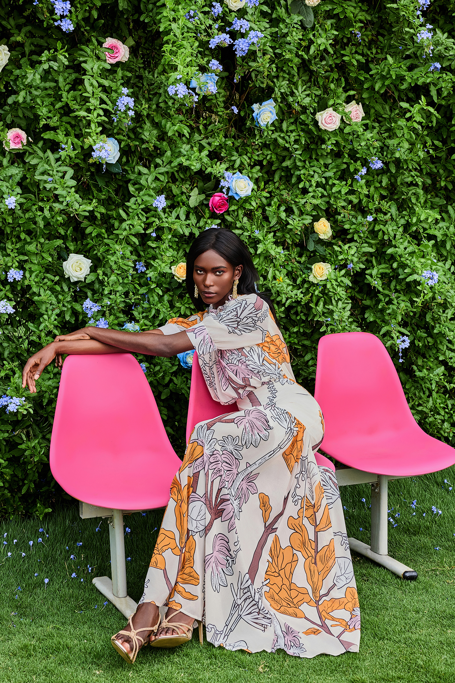 Chiffon Botanical Print Frill Maxi Dress