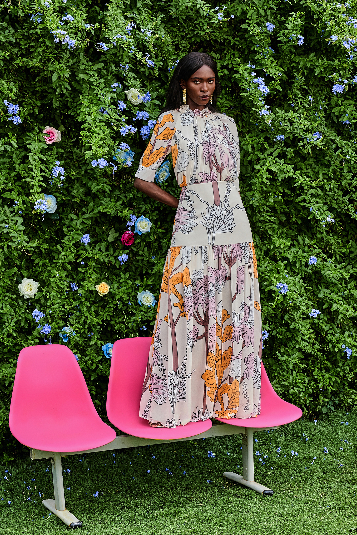 Chiffon Botanical Print Frill Maxi Dress