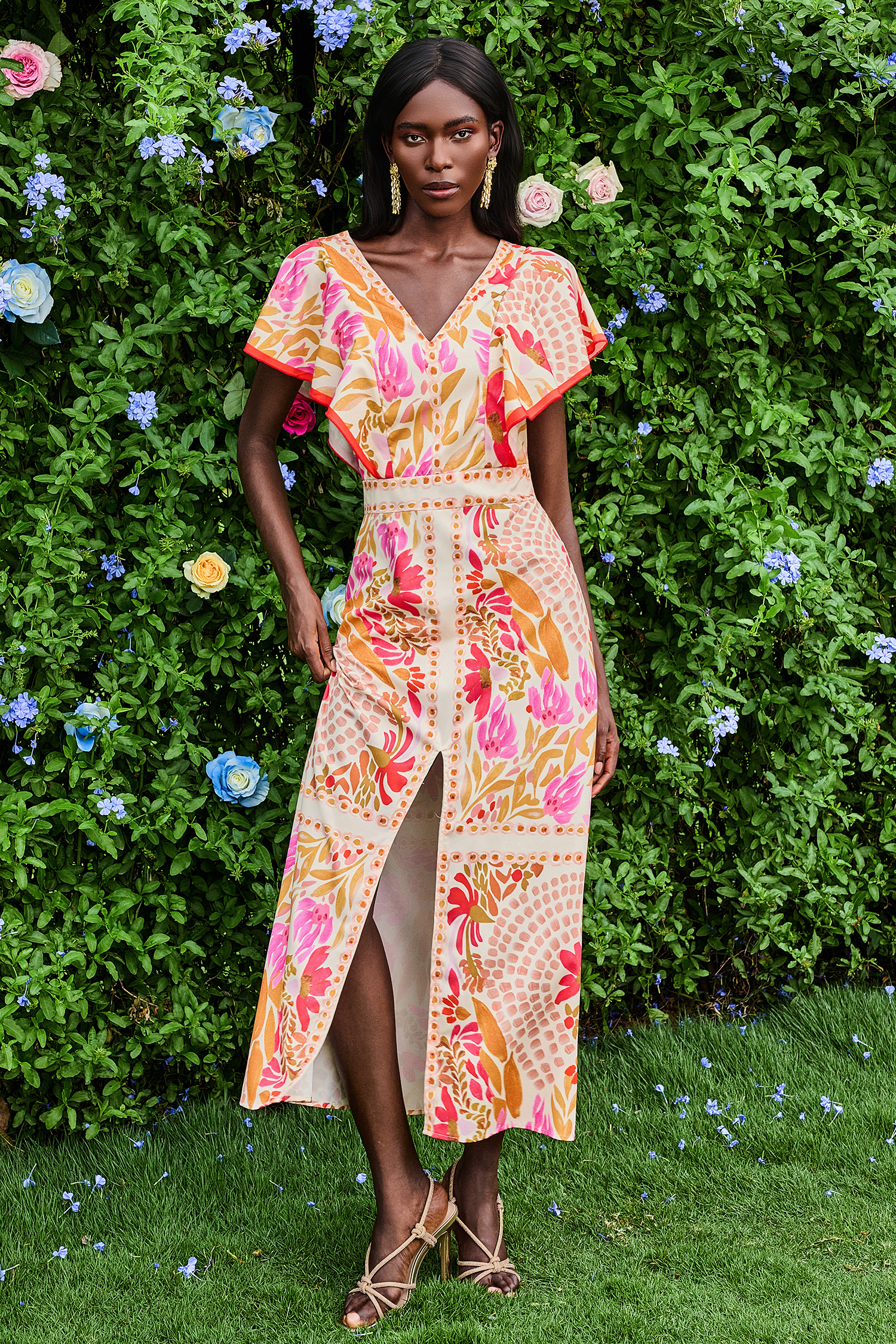 Floral V-Neck Split Backless Midi Dress