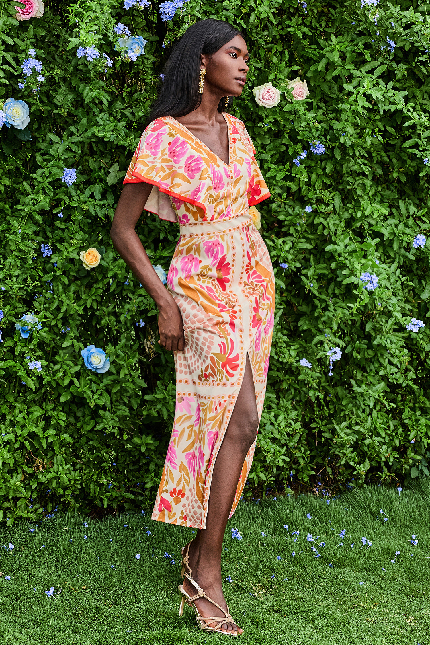 Floral V-Neck Split Backless Midi Dress