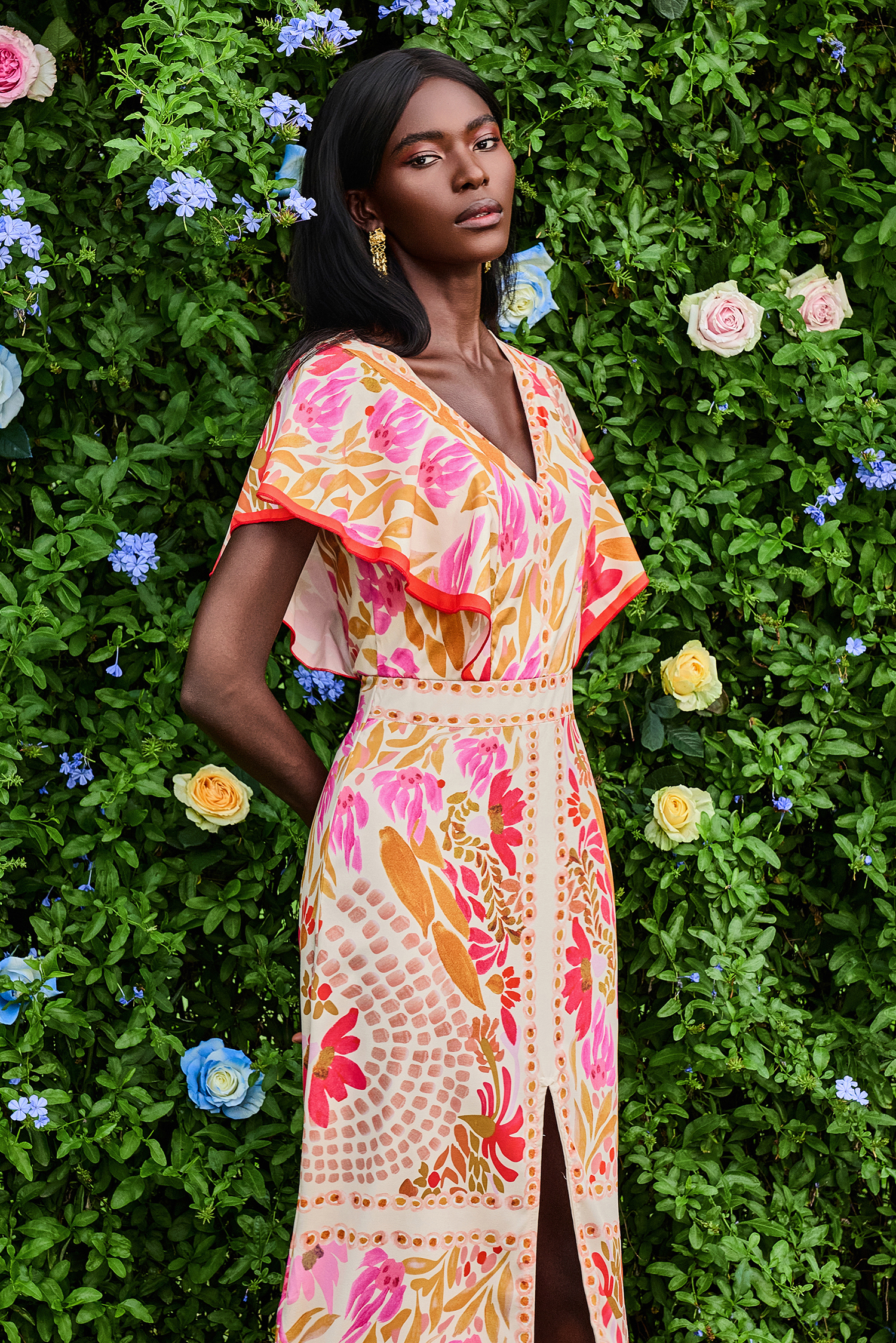 Floral V-Neck Split Backless Midi Dress